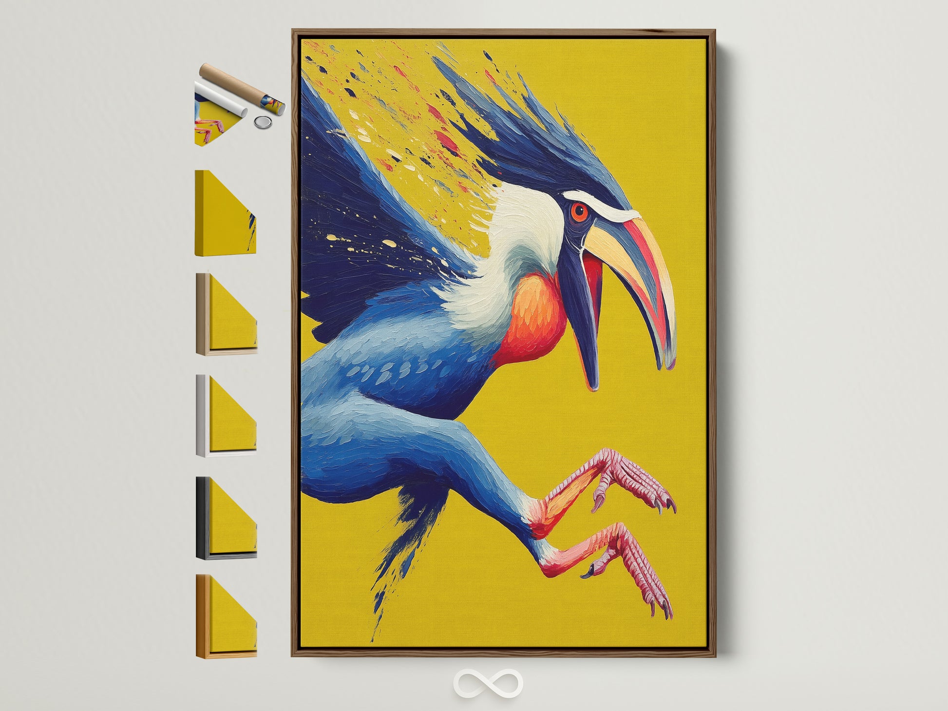 A vibrant Hornbill artwork is displayed in a brown frame. See all frame options available on the side. This exotic bird print adds a colorful touch to any study room. Perfect gift for nature and bird lovers seeking modern wall art.