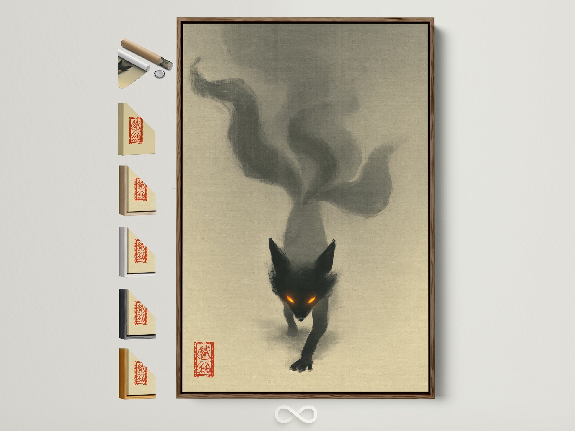 Mystical Fox Spirit art print with a brown frame. The artwork features a dark fox with glowing eyes. Frame options are displayed on the side. Gothic wall art elevates minimalist and Scandinavian styles.