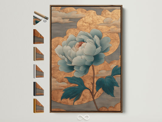 Brown frame with all frame options displayed. This artwork features a blue flower with gold accents. The frame complements the artwork. Various frame styles are showcased. Explore framing options for your art.