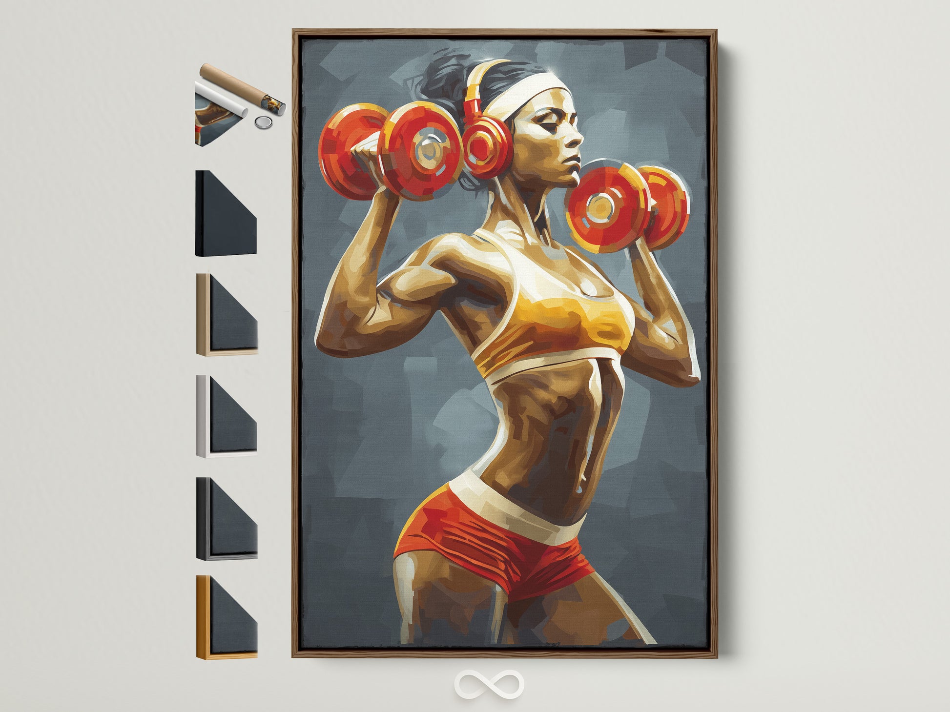 A framed female fitness artwork is displayed with various frame finish options. This motivational gym wall art features a strong woman weightlifting. Decorate your home gym with this inspiring piece. The artwork is framed in brown.