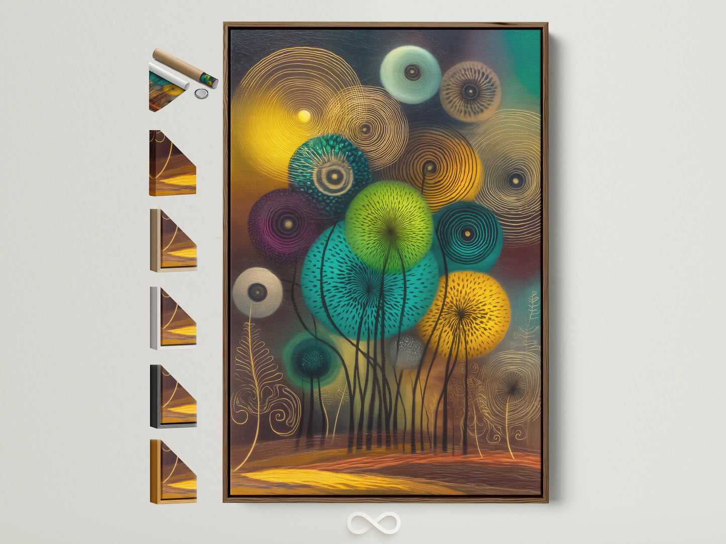 Modern abstract floral art in a brown frame graces a minimalist wall. Explore frame options beside the artwork. Teal and gold botanical wall art adds a contemporary touch. Perfect for living rooms offices and bedrooms. Enhance your space with this scandi decor piece.