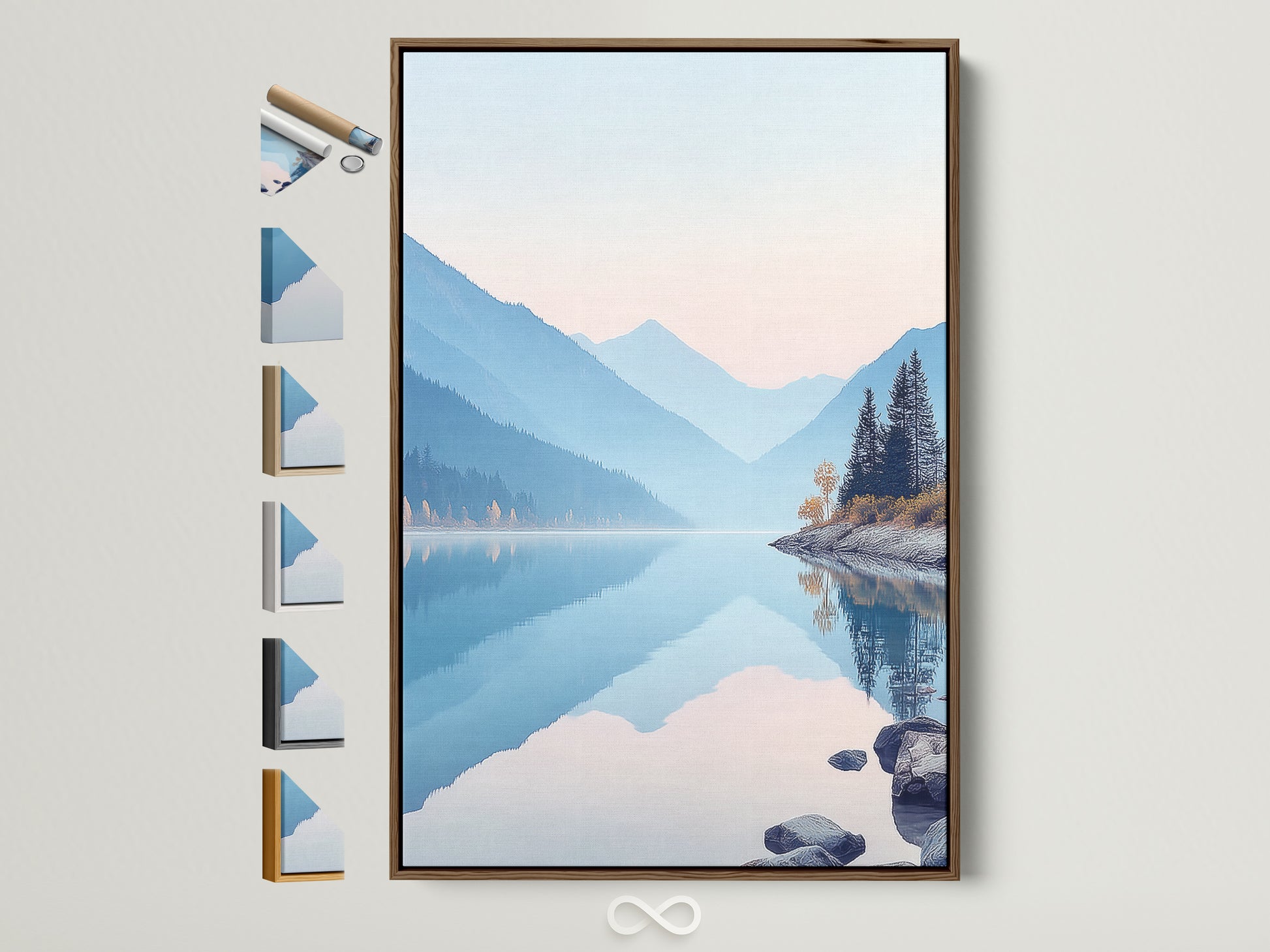 Brown frame displays mountain lake artwork. All frame options are visible. The pastel blue wall art adds a serene touch. It's perfect for a calming bedroom atmosphere. This nature landscape photography brings a peaceful mountain view indoors. It enhances minimalist or Scandinavian decor.