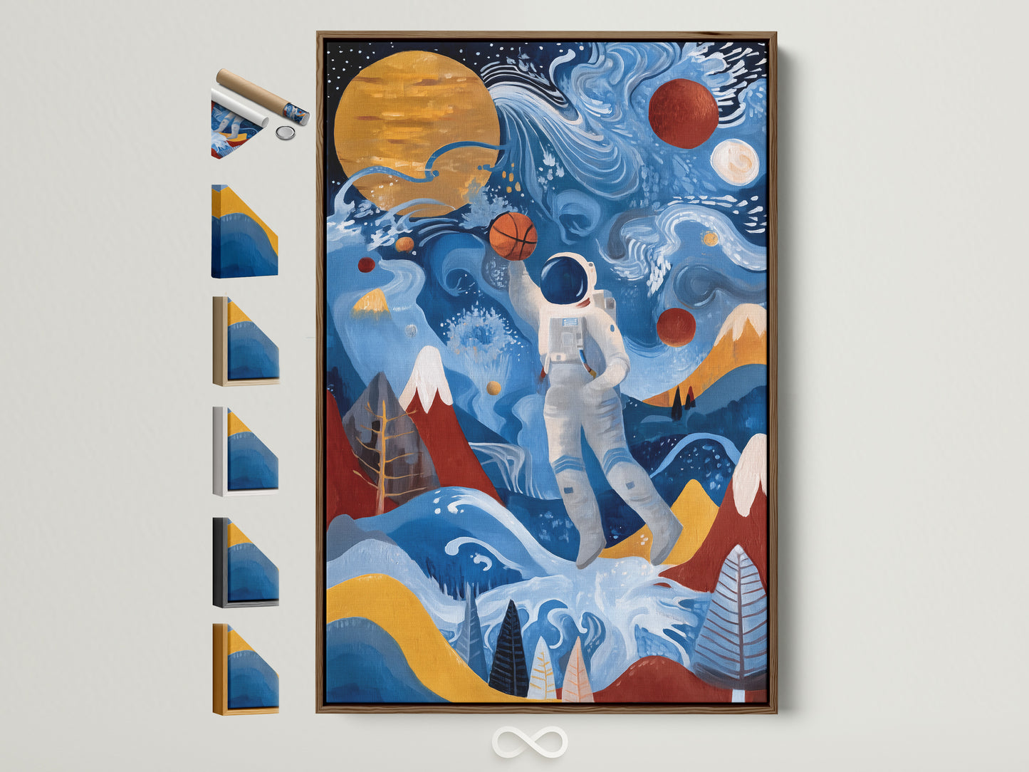 A modern art canvas featuring an astronaut playing basketball in a space landscape. It is displayed in a brown frame. Several frame options are showcased. This artwork is ideal for kids' rooms. It also suits teen rooms and nurseries.