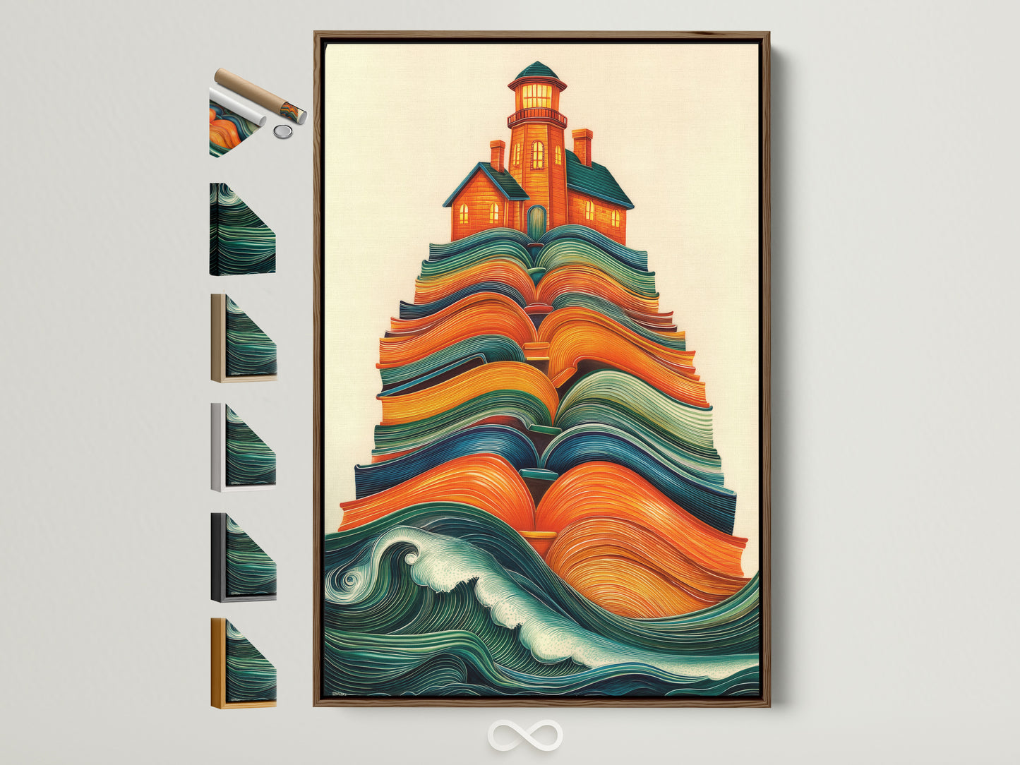 Lighthouse on Books canvas artwork with a brown frame. See all available frame options. This whimsical coastal print adds charm to any study room. Discover nautical artwork and unique wall art.