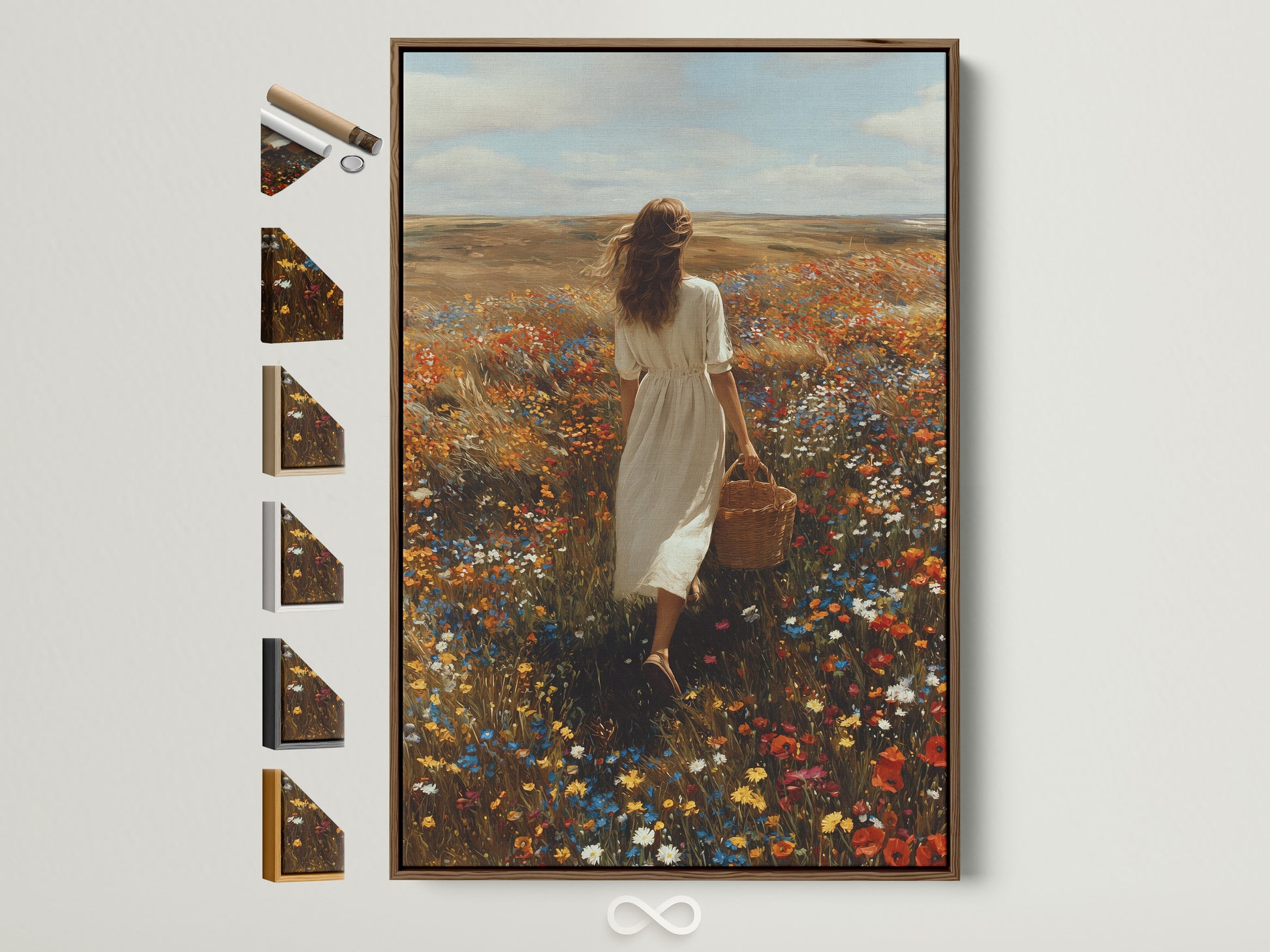 Brown frame artwork showcases all available frame options. A woman in a white dress walks through a field of flowers. She carries a basket. The artwork is displayed in a stylish interior. Discover the perfect frame to complement your art. Elevate your space with framed art. Transform your walls with beautiful pieces.