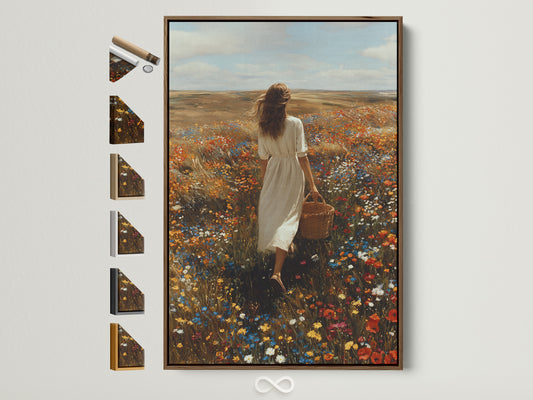 Brown frame artwork showcases all available frame options. A woman in a white dress walks through a field of flowers. She carries a basket. The artwork is displayed in a stylish interior. Discover the perfect frame to complement your art. Elevate your space with framed art. Transform your walls with beautiful pieces.