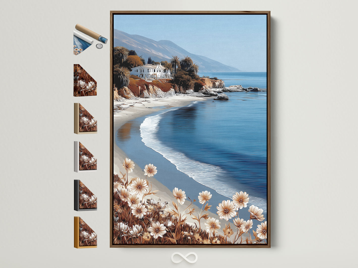 Coastal beach artwork in a brown frame is displayed on a white wall. The artwork features a serene seascape with neutral tones. Notice the various frame options showcased beside it. This artwork brings calming ocean vibes to any room. Perfect for coastal or modern decor styles.