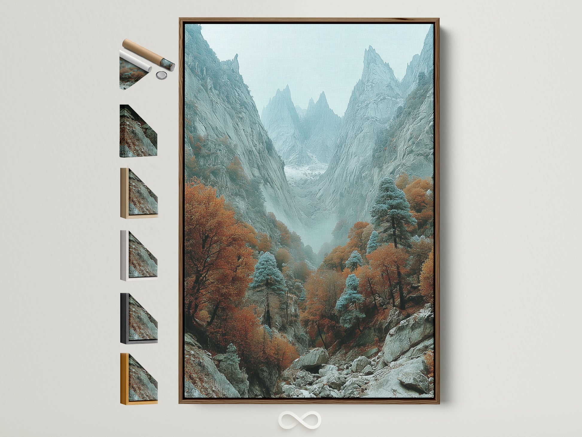 Rustic mountain valley art in a brown frame. This autumn landscape features a misty canyon with vibrant fall foliage. The artwork adds natural beauty to any space with orange and blue hues. Frame options are displayed to the side