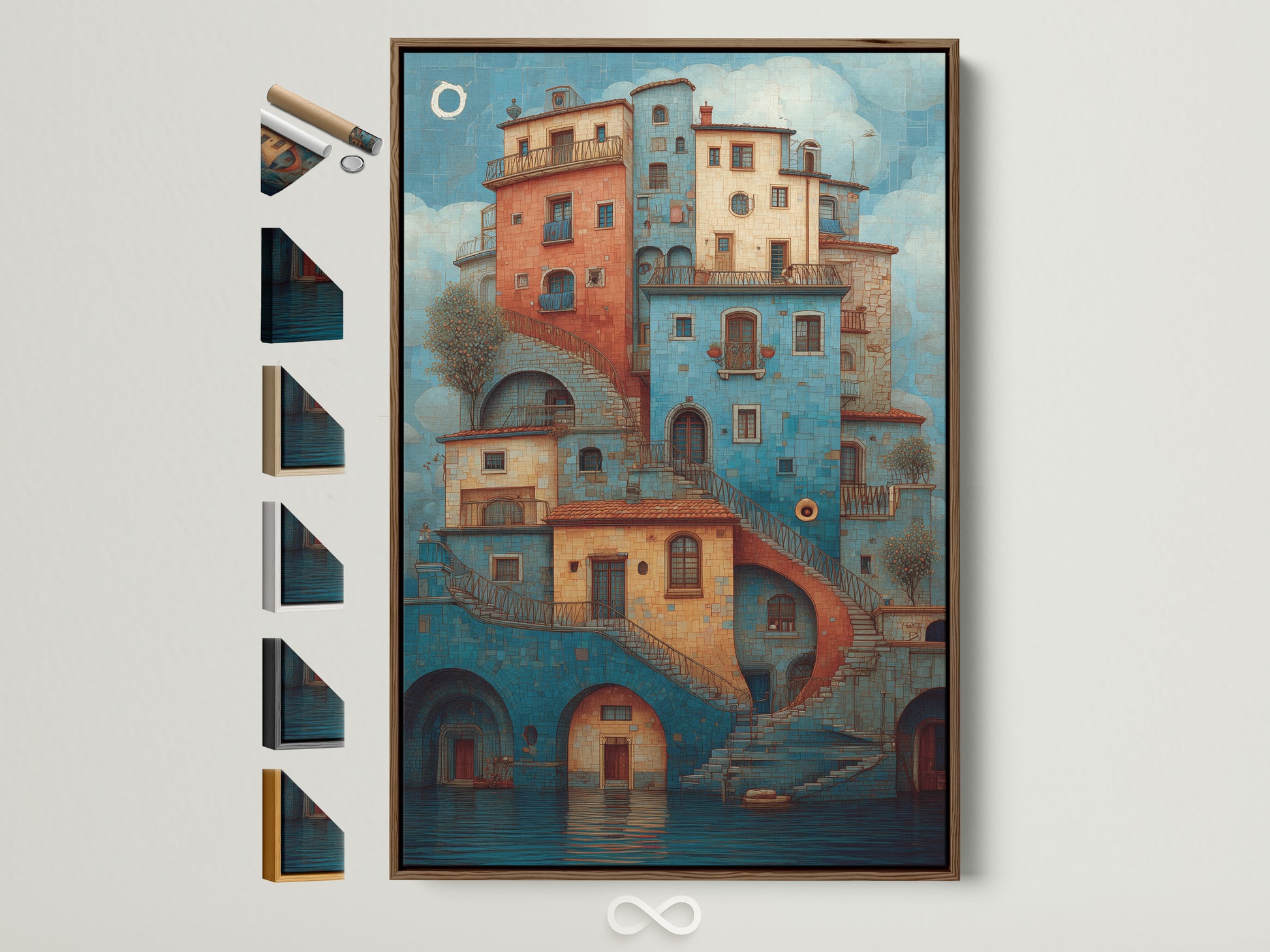 Brown frame artwork. Explore frame options. A vibrant artwork of buildings is displayed within a brown frame. The picture also shows all the frame options available on the side. Find the perfect frame to complement your artwork and home decor.