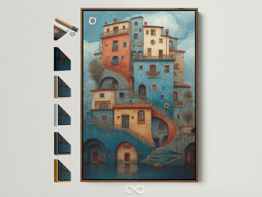 Brown frame artwork. Explore frame options. A vibrant artwork of buildings is displayed within a brown frame. The picture also shows all the frame options available on the side. Find the perfect frame to complement your artwork and home decor.