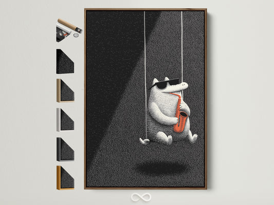 A framed artwork of a cartoon alligator playing a saxophone hangs on a white wall. The art is in a brown frame. This artwork adds a whimsical touch to any room. Browse our frame options to customize your art.