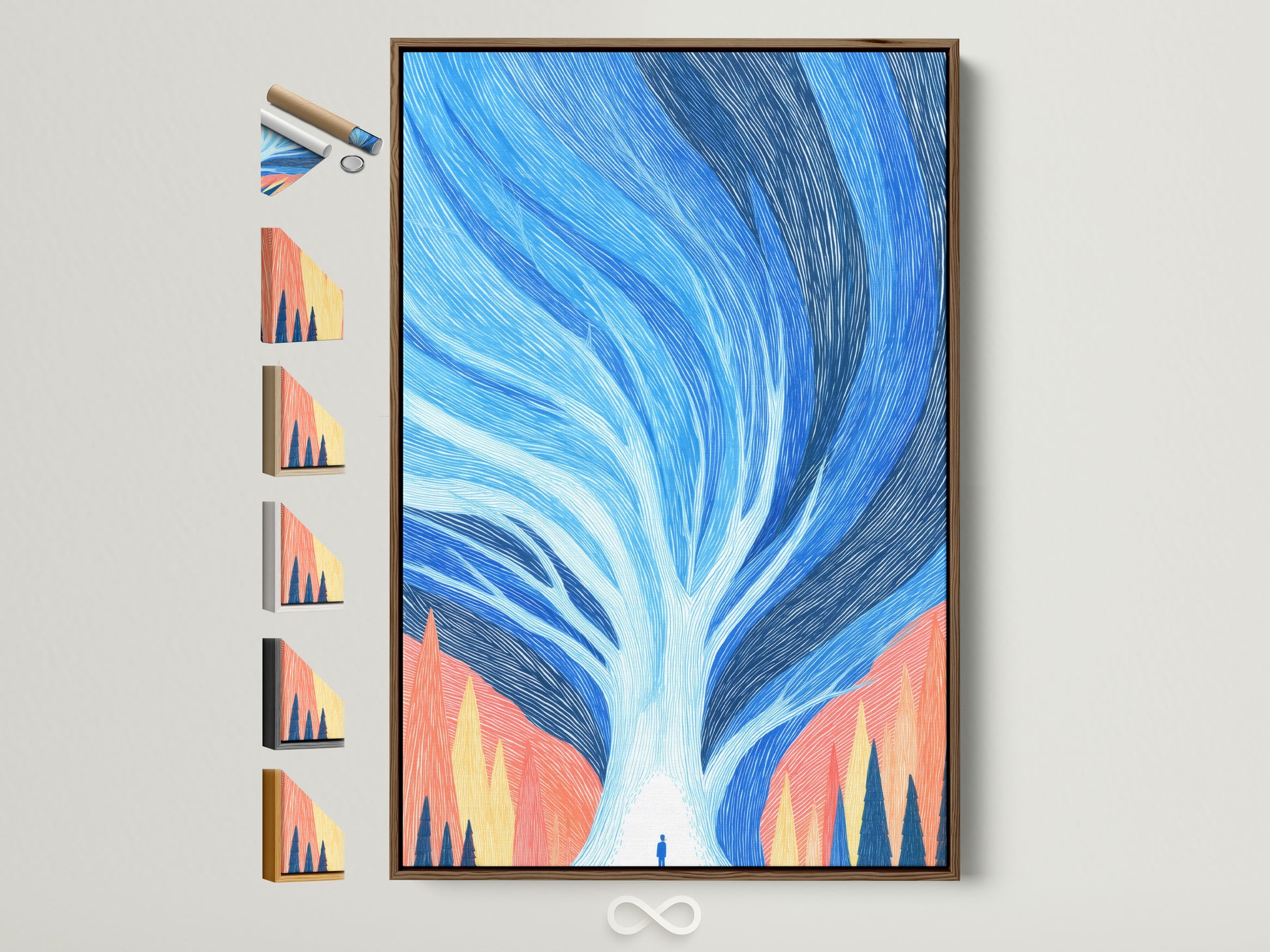 Abstract Tree art piece in a brown frame. See all our frame options. Find the perfect frame to match your style. This art is a modern nature artwork. It features blue and coral hues. Ideal for office decor or home wall art.