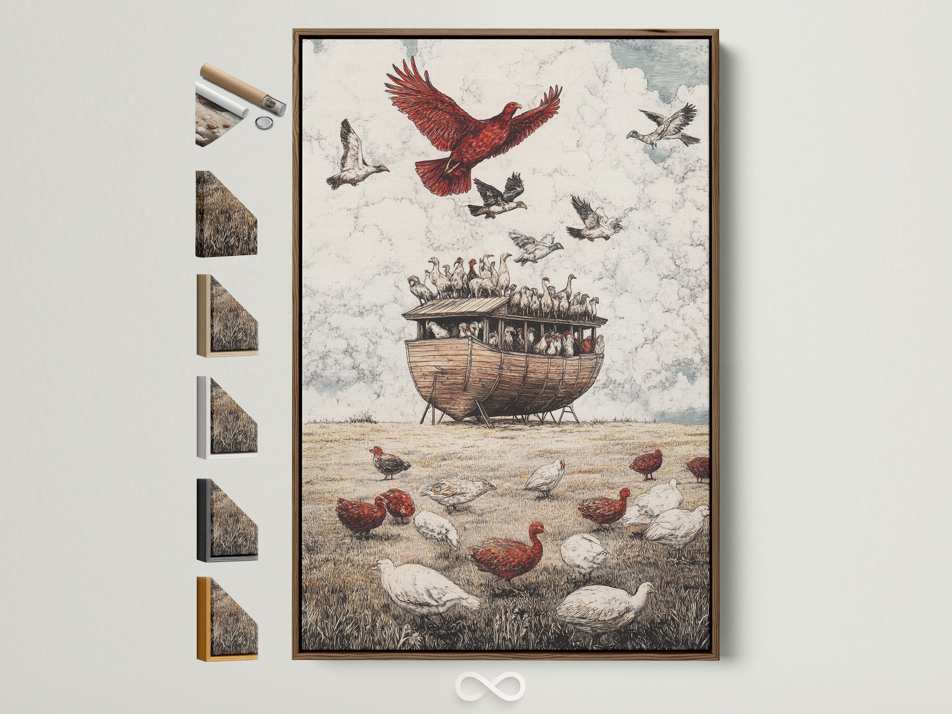 Framed artwork featuring a bird ark with a brown frame. This artwork is displayed with frame options on the side. See all the framing choices available here. Find the perfect frame to complement your art.