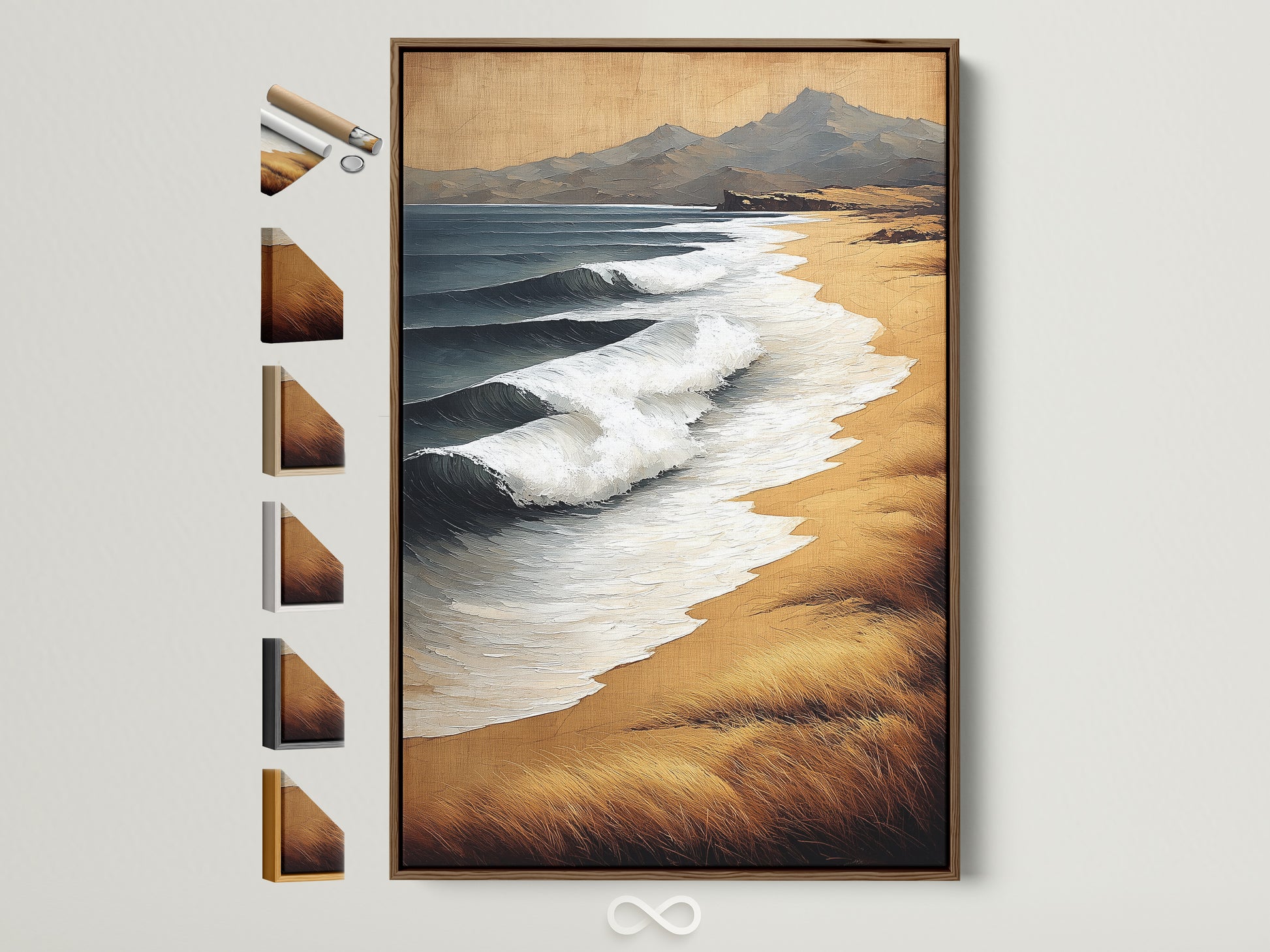 Elevate your space with our Coastal Waves canvas artwork. This piece is displayed in a brown frame. See all available framing options to customize your beach landscape wall art. The neutral tone seascape artwork adds a touch of coastal charm to any room. Find the perfect frame to complement your decor.