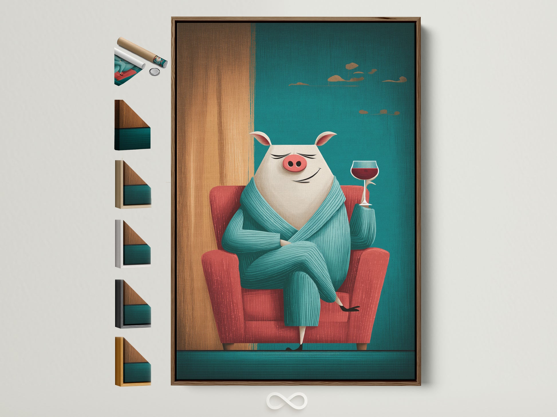 Explore framing options for whimsical animal artwork. See a teal pig art print with a relaxing pig holding wine. The brown frame beautifully complements this funny animal print. Perfect kitchen wall decor. Discover your ideal frame today with all options on display.