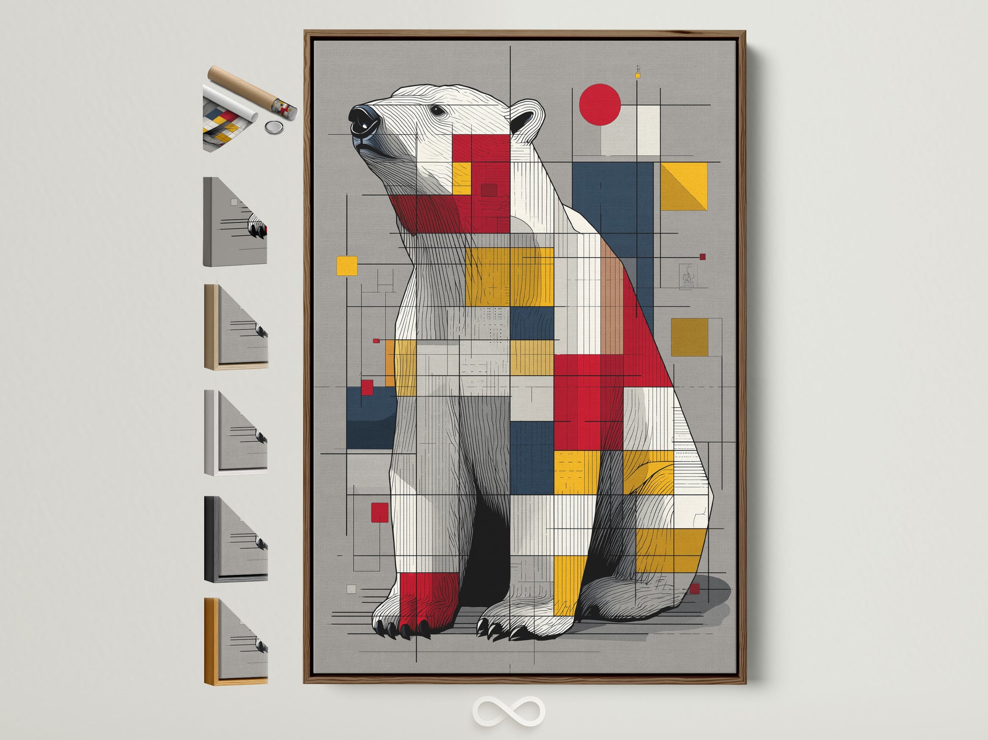 Artwork with a brown frame. The artwork is of a polar bear. The polar bear art is made up of squares and lines. Many frame options are displayed on the side. Ready to hang in any room. A great piece of art for your home or office.