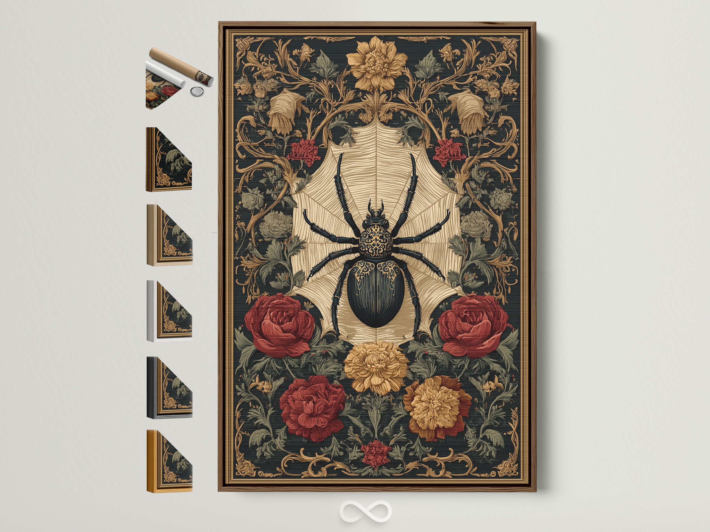 Framed art print featuring a spider and floral pattern. The artwork is displayed in a brown frame. Explore framing options to enhance your space. Discover various frame styles to match your decor. Find the perfect frame to complement your art.