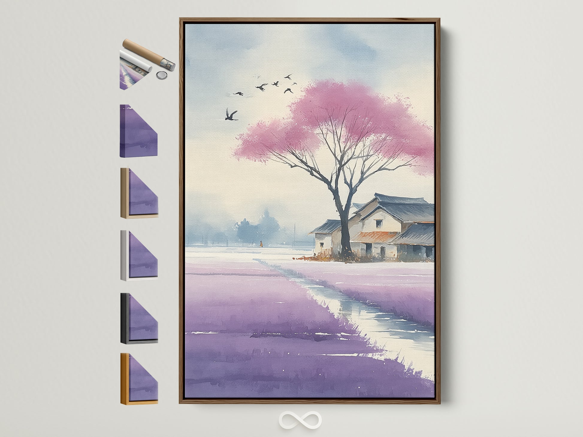 Japanese Cherry Blossom artwork in a brown frame. See all frame options to find the perfect fit. The artwork features an Asian landscape watercolor painting. Ideal for serene home or office wall decor. Elevate your space with this calming art print.