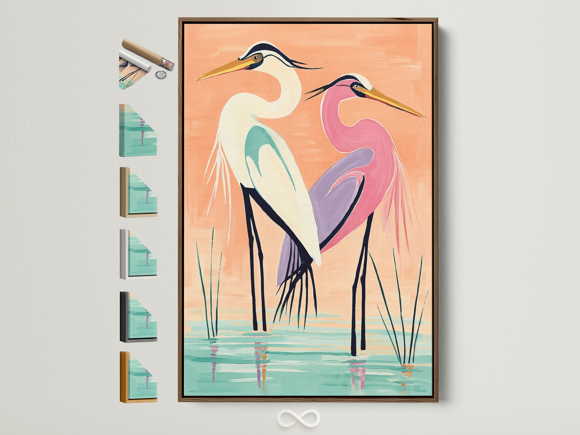 A coastal bird wall art piece featuring herons is displayed in a brown frame. Explore frame options to complement your home decor. Find the perfect frame for your heron artwork. This artwork adds a touch of nature to any room. It is perfect for coastal minimalist or contemporary styles.