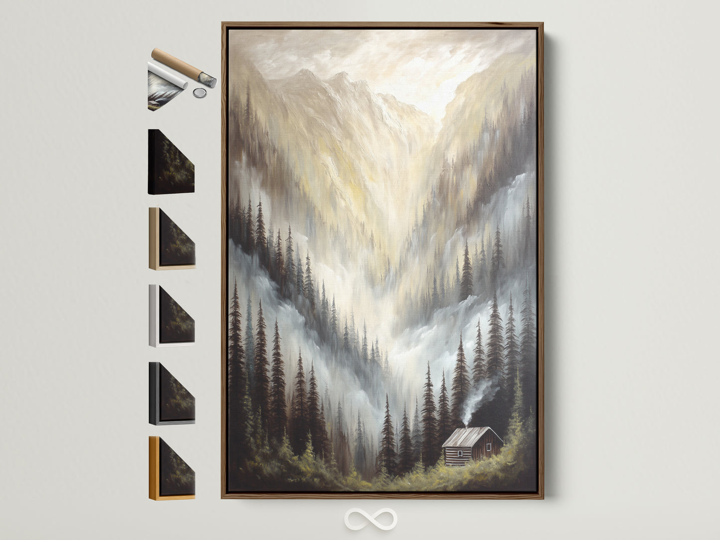 Mountain Cabin Canvas Print with a brown frame. This rustic wall art features a misty forest scene. It's neutral-toned nature artwork for home decor. Explore framing options. Perfect for adding a touch of wilderness to your space. Shop now for landscape wall art.