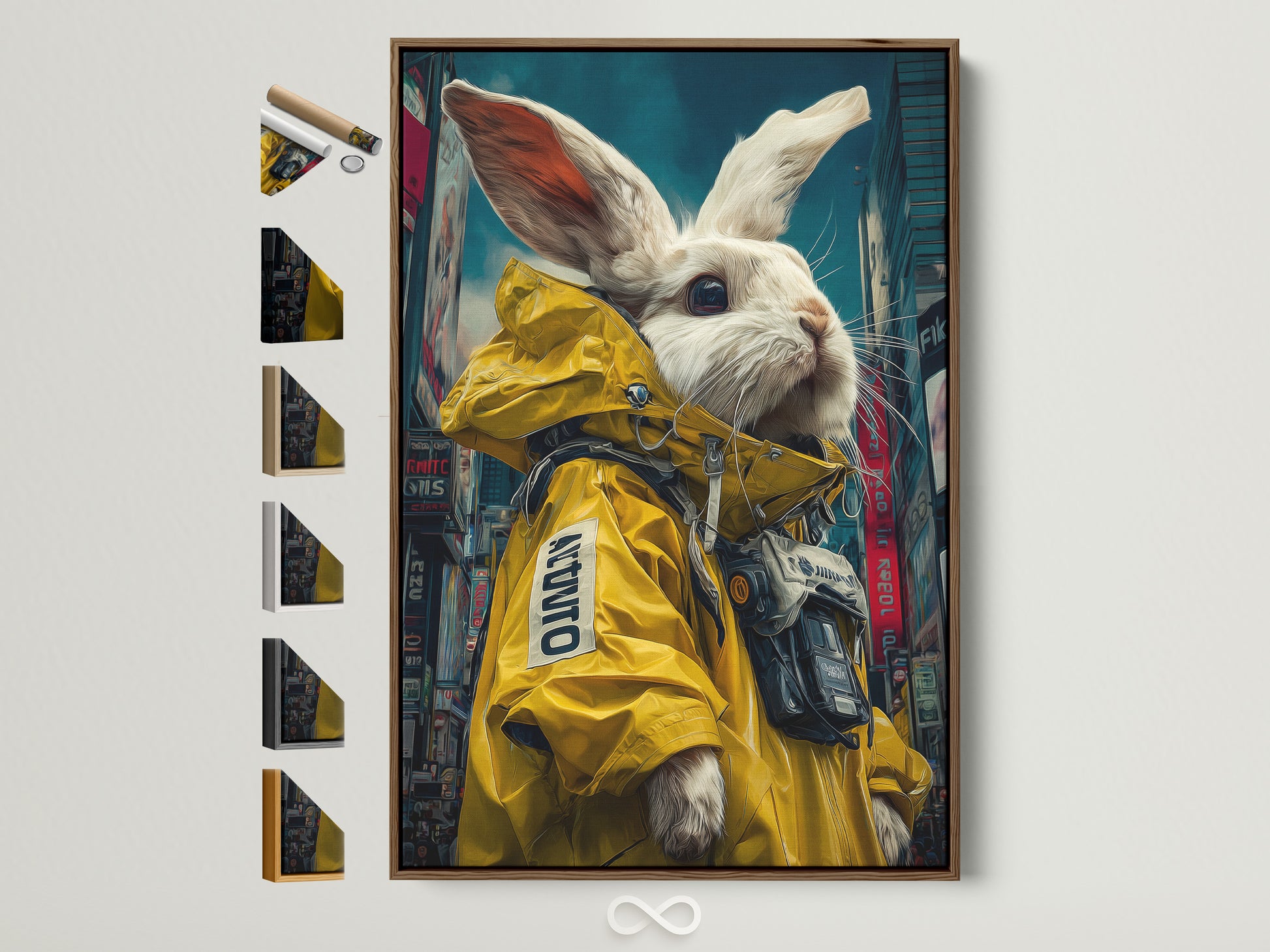 A framed cyberpunk rabbit art print is displayed with other framing options. The art features a rabbit in a yellow jacket. It adds a modern pop to any room. Ideal for contemporary spaces tech inspired areas or urban themed homes. This artwork is available on canvas or fine art paper.
