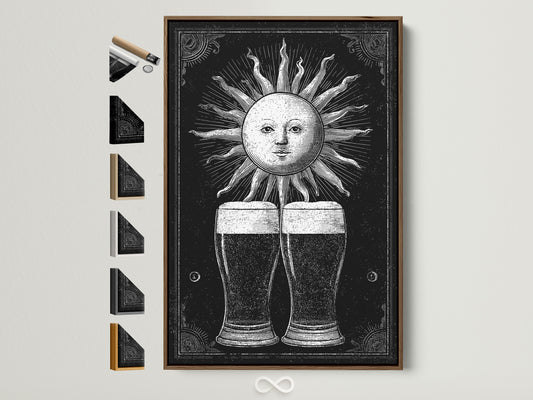 Framed artwork featuring a vintage sun illustration is displayed. The art print showcases two beer glasses beneath the sun. This brown frame is versatile. See all our frame options available for your perfect art piece.