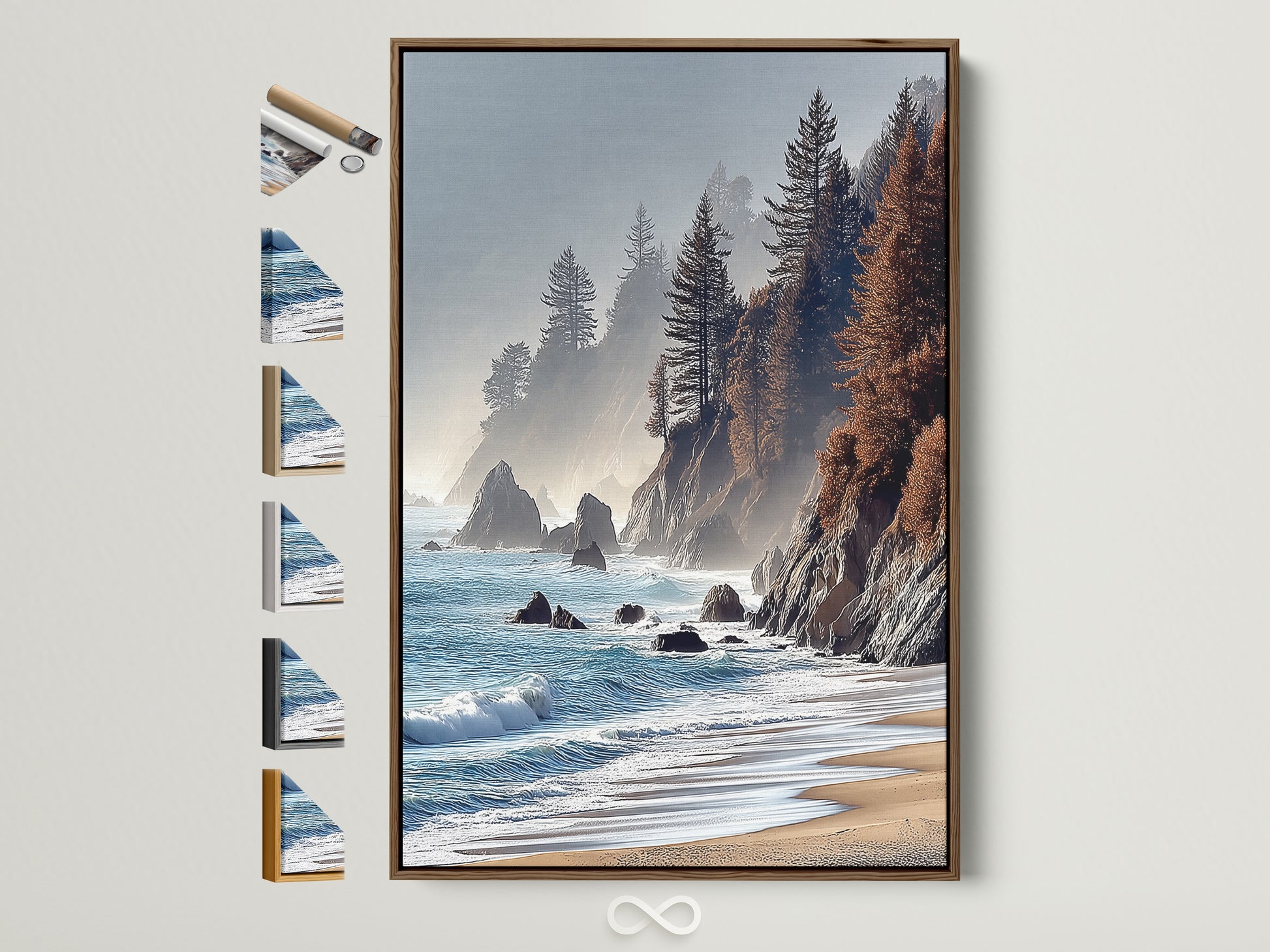Coastal Scenery Artwork with a Brown Frame. This ocean cliff wall art features warm tones and seascape photography. The artwork is displayed with various frame options on the side. Perfect beach wall art for your bedroom or living room