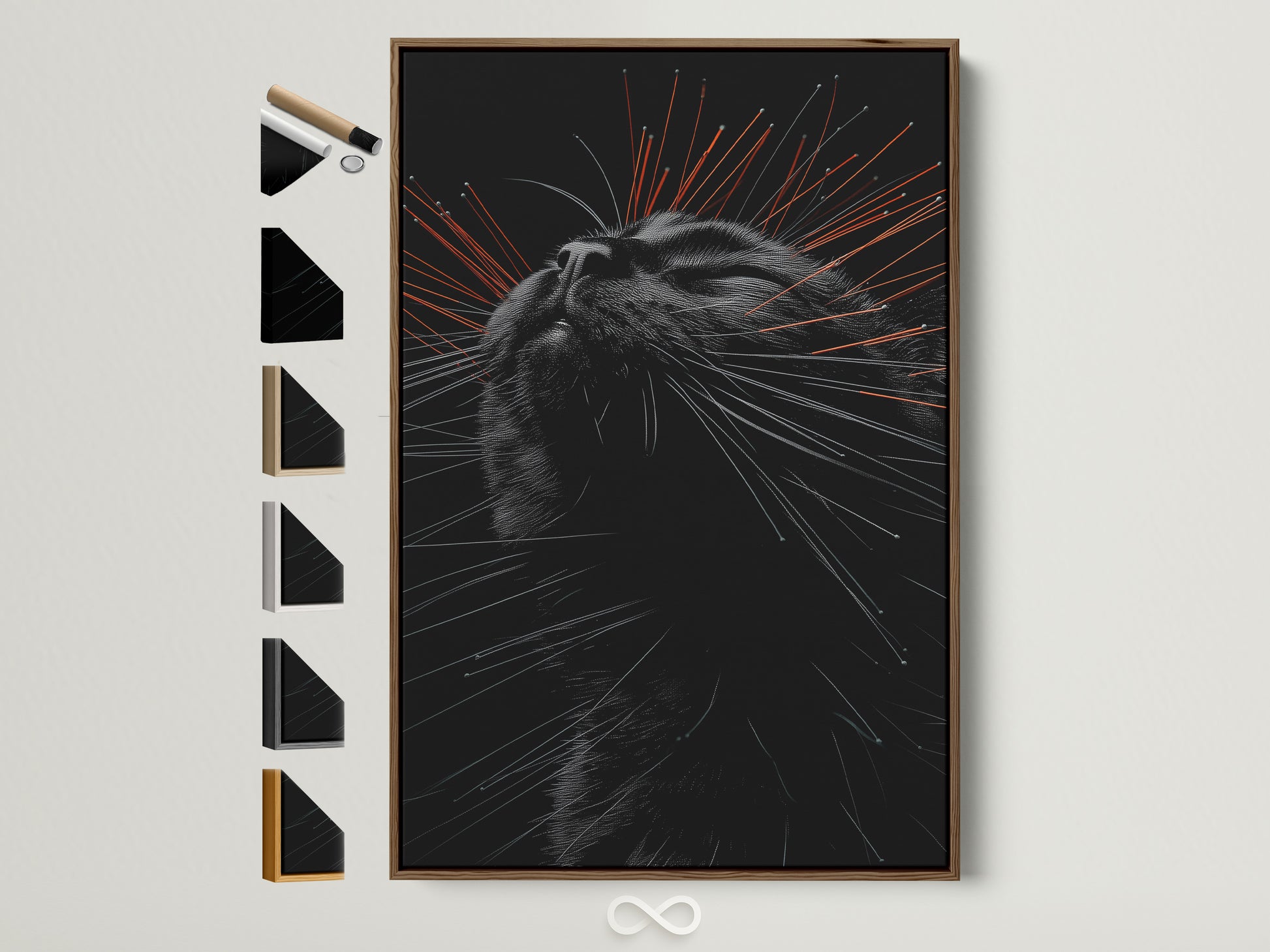 A brown cat portrait frame is showcased with various frame style samples on the side. Explore our artwork options for feline canvas prints pet portraits and minimalist animal art. Find the perfect art piece to express your style.