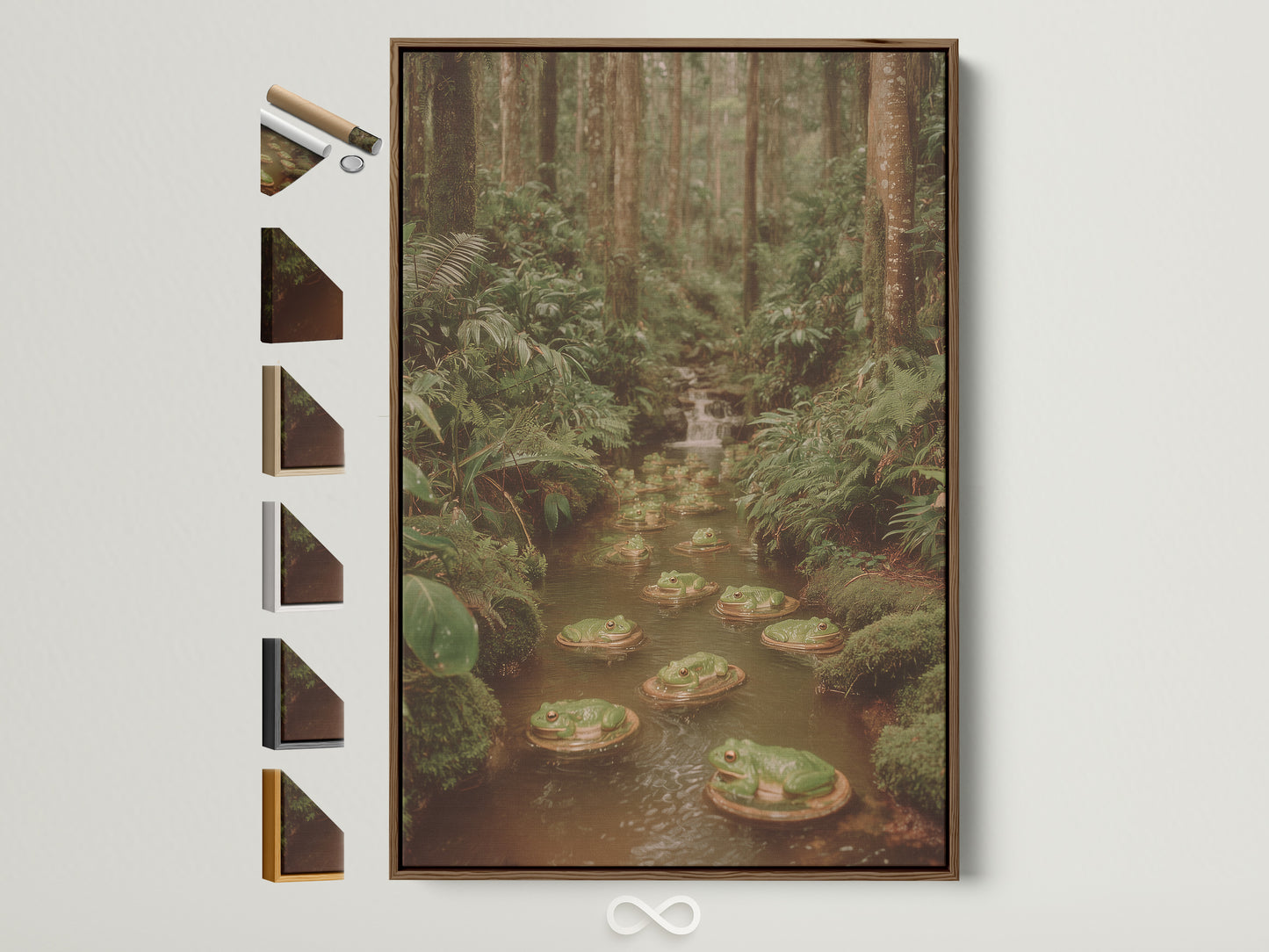 A framed botanical forest artwork featuring a serene frog pond. The artwork is displayed in a brown frame. Other frame options are shown on the side. This nature photography print brings a touch of wilderness art to any space. Perfect for study room decor or a nature-themed nursery. The artwork adds a bohemian & eclectic style to your home.