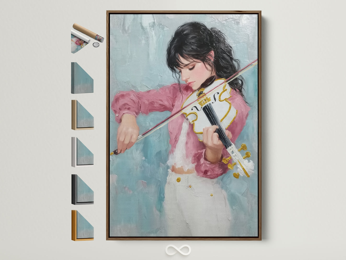 Violinist canvas art print displayed in a brown frame. See all frame color options to enhance this modern pink and teal wall artwork. Ideal musical artwork for a music room. This is the perfect gift for the musician in your life.