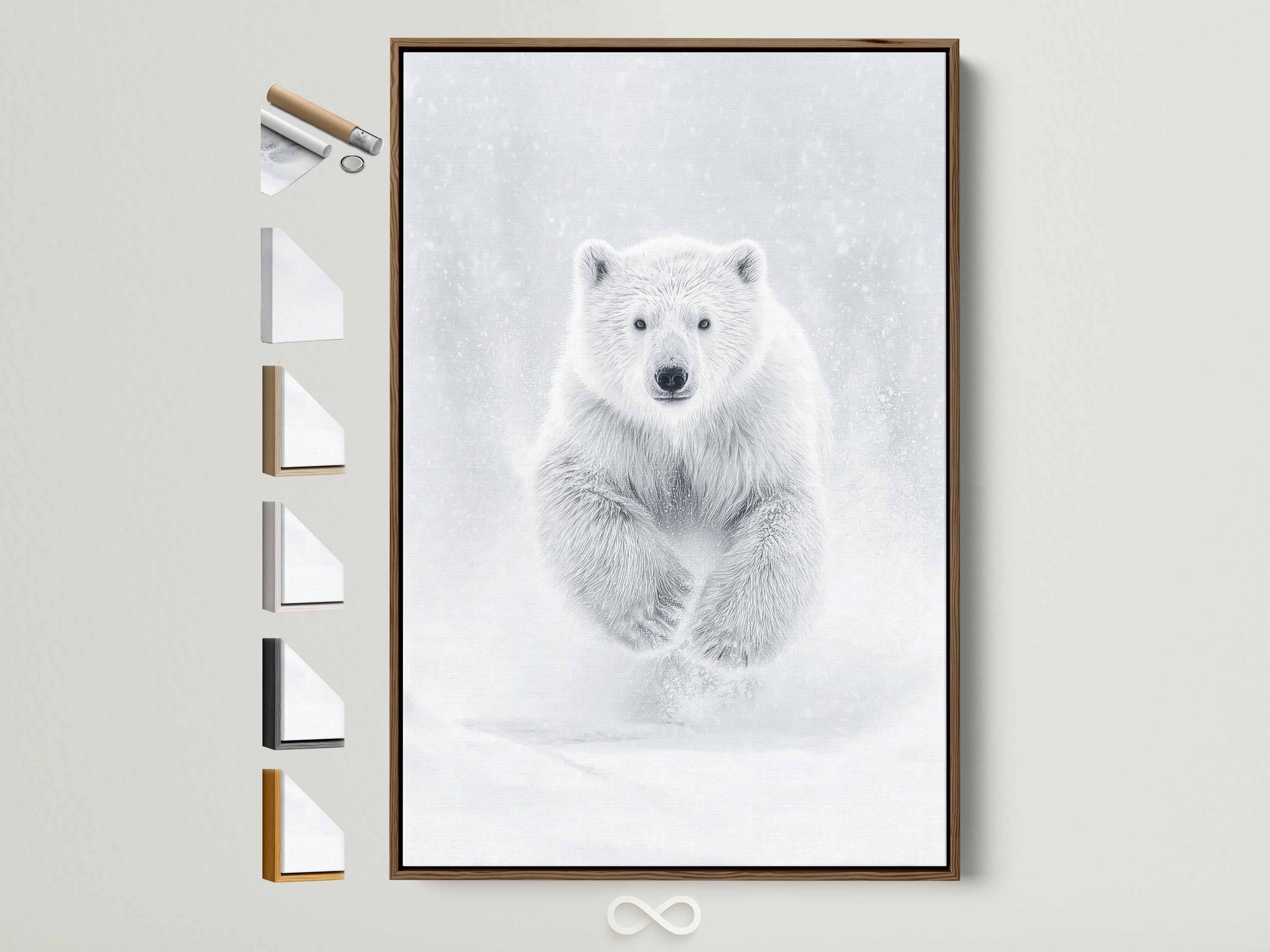 A polar bear artwork is showcased with various frame options displayed beside it. The brown frame accentuates the monochrome art adding warmth to the minimalist wall decor. Perfect arctic wildlife art for contemporary homes seeking nursery wall art.