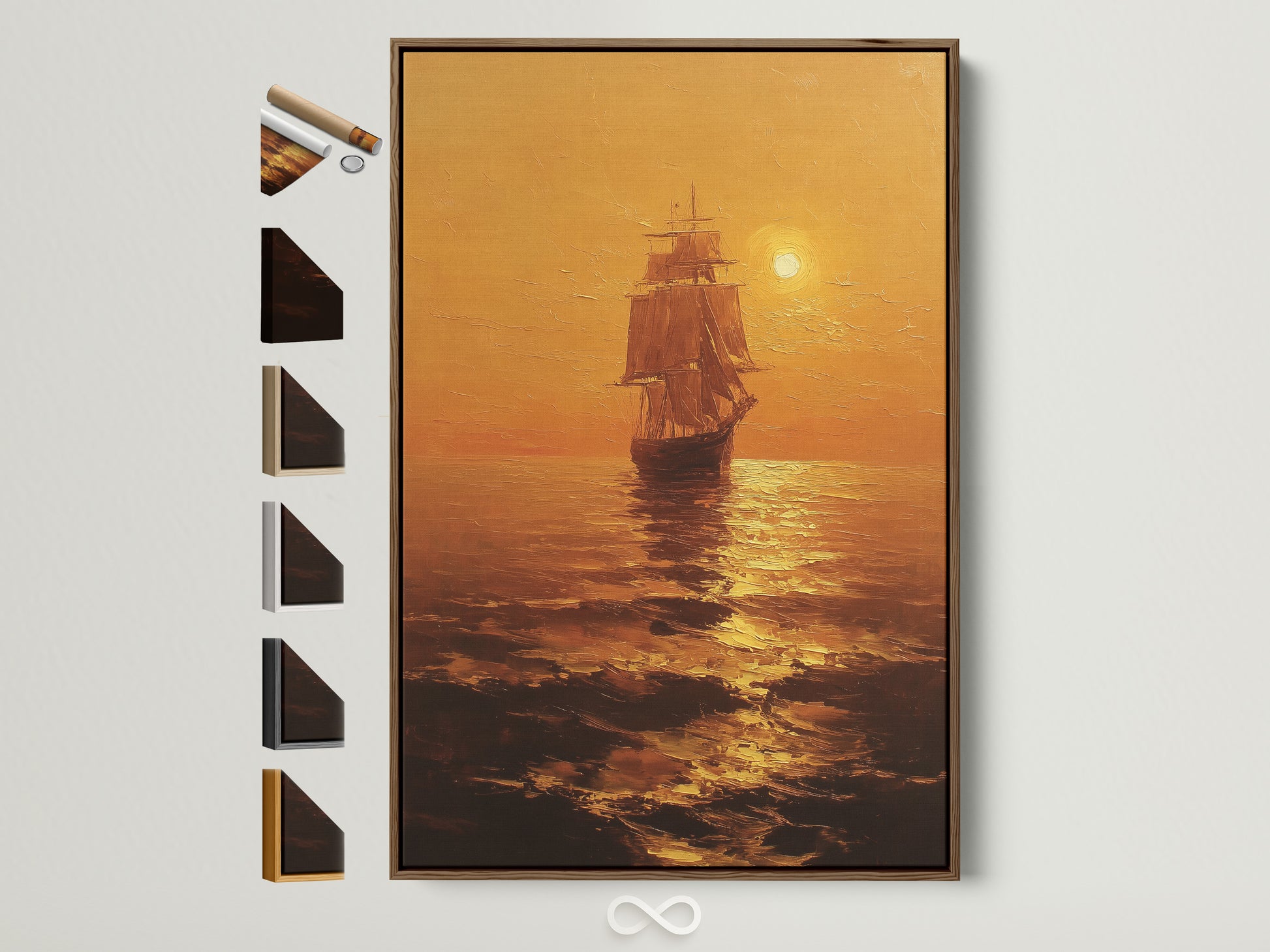 Brown frame displays a captivating seascape artwork. The art features a majestic ship sailing toward the sun. The piece evokes a sense of adventure. Perfect for adding nautical charm to any space. Frame options are visible adding to its appeal.