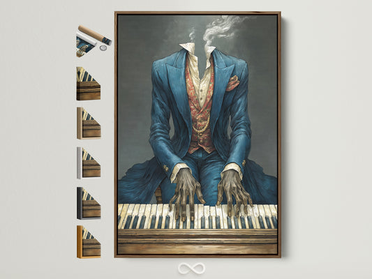 Vintage Piano Player Art in a brown frame. Displaying frame options. Surreal music wall art adds an elevated touch to vintage deco and eclectic styles. Perfect wall decor for music rooms or cafes.