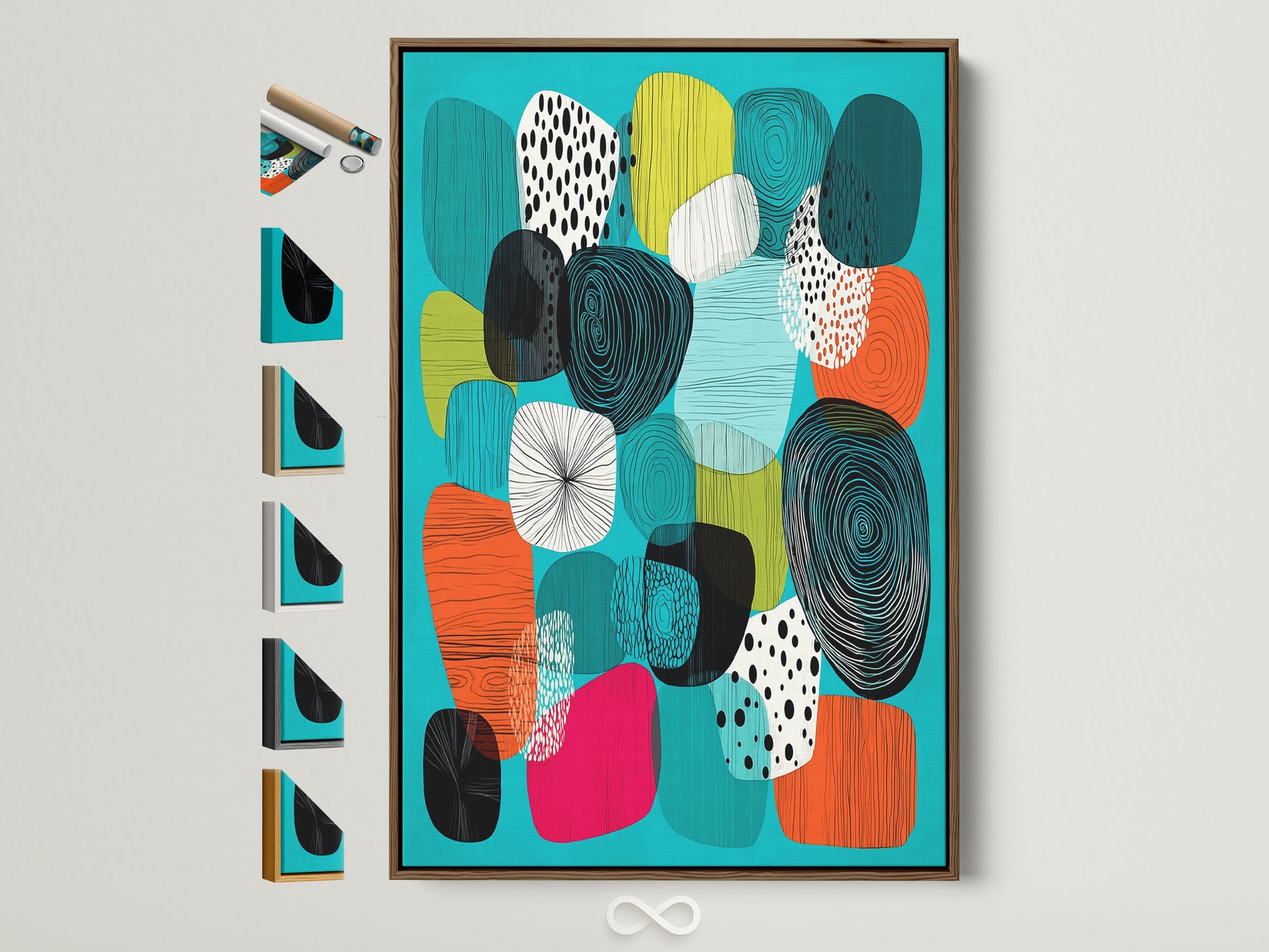 A mid-century modern artwork in a brown frame is mounted on a white wall. This abstract canvas features teal orange and geometric shapes. See all frame options displayed on the side. Perfect home wall decor to elevate your space.