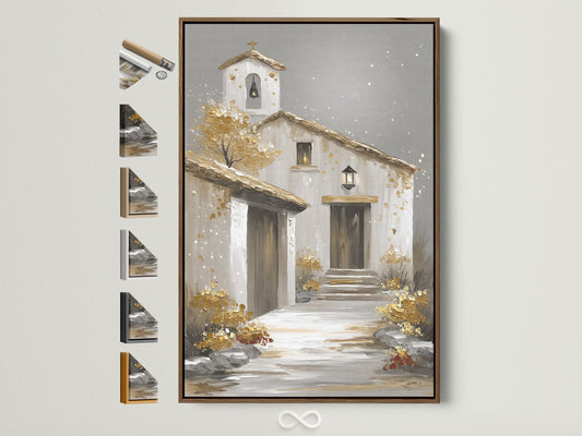 Artwork with a brown frame. The artwork features a quaint building. It looks like a church or villa. The artwork is matted and framed. All frame options are displayed on the side. Decorate your home with this beautiful framed artwork.