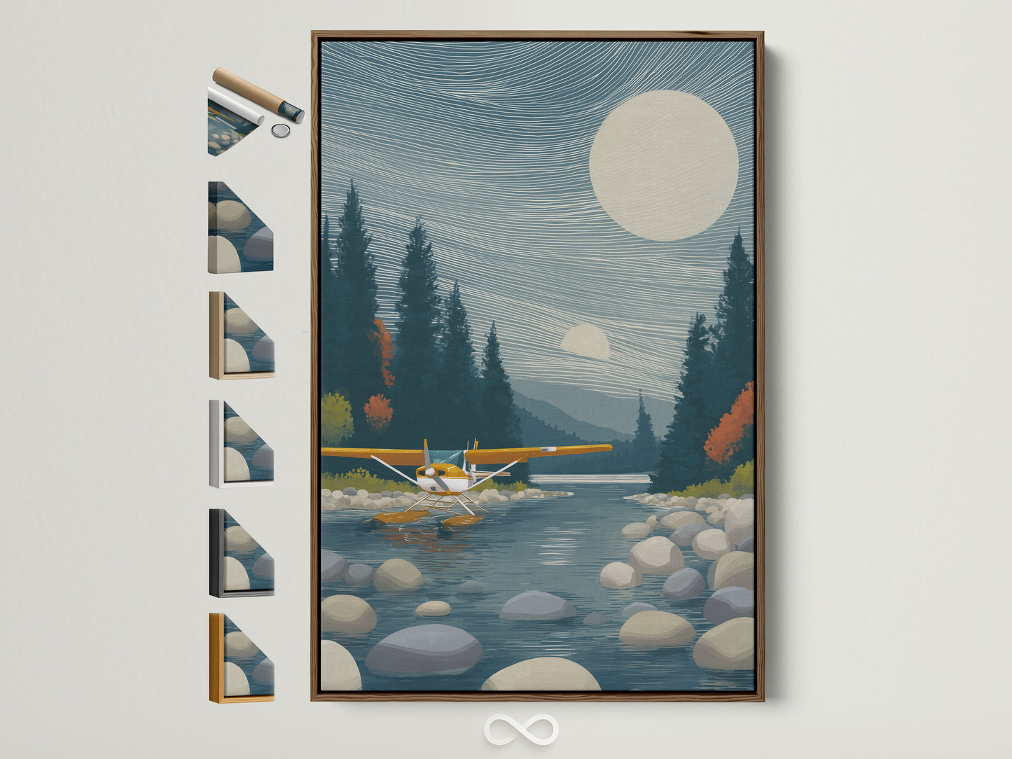 Seaplane canvas artwork in a brown frame. View all frame options. Aviation Wall Art for Cabin Decor. This lake landscape artwork brings modern rustic charm. Perfect for aviation buffs and cabin themes. Elevate your living room or office with this unique piece.