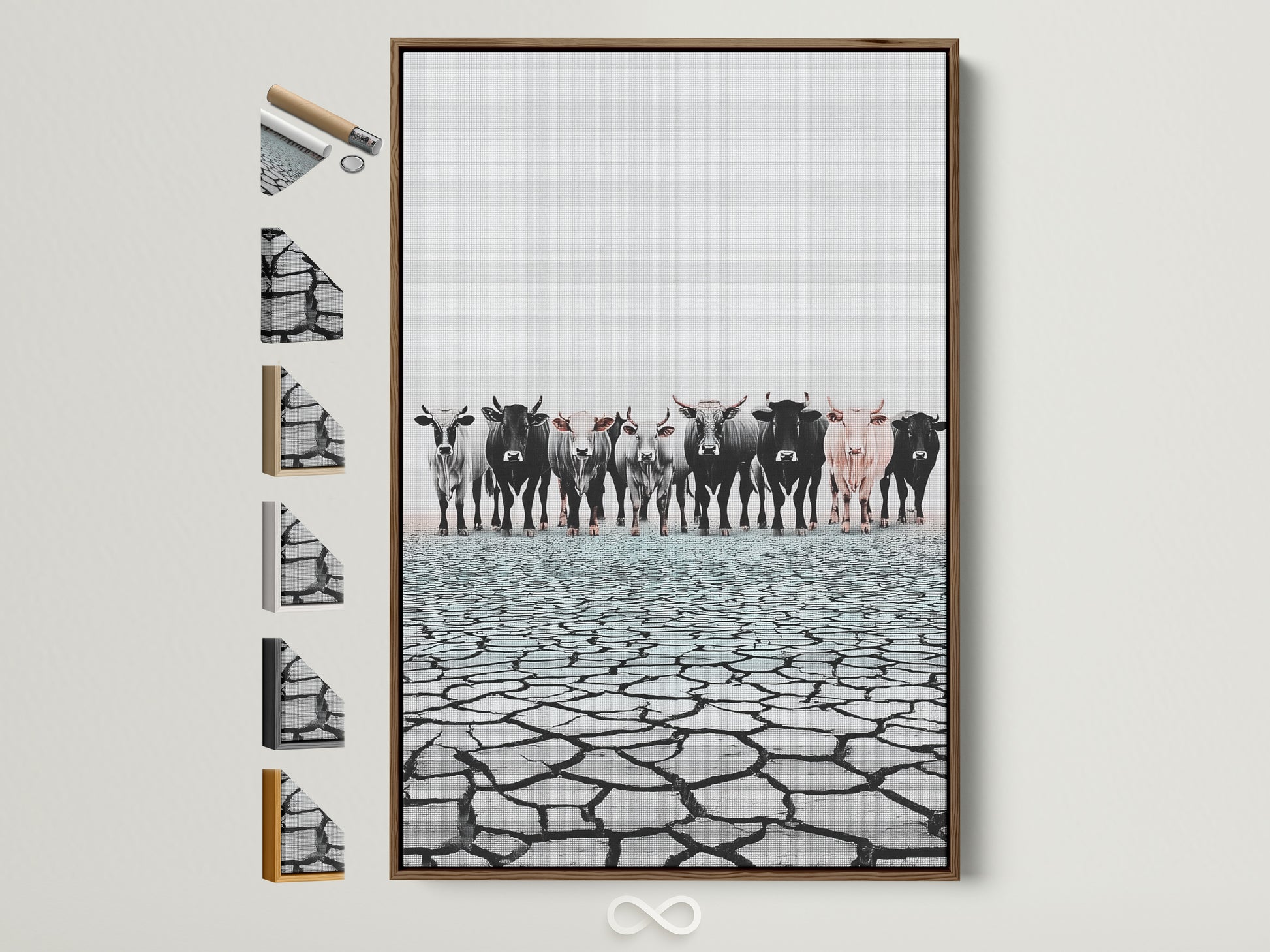 Cattle canvas print in a brown frame. Farm animal wall art for rustic countryside artwork. This piece elevates your space with farmhouse country or ranch styles. See frame options.