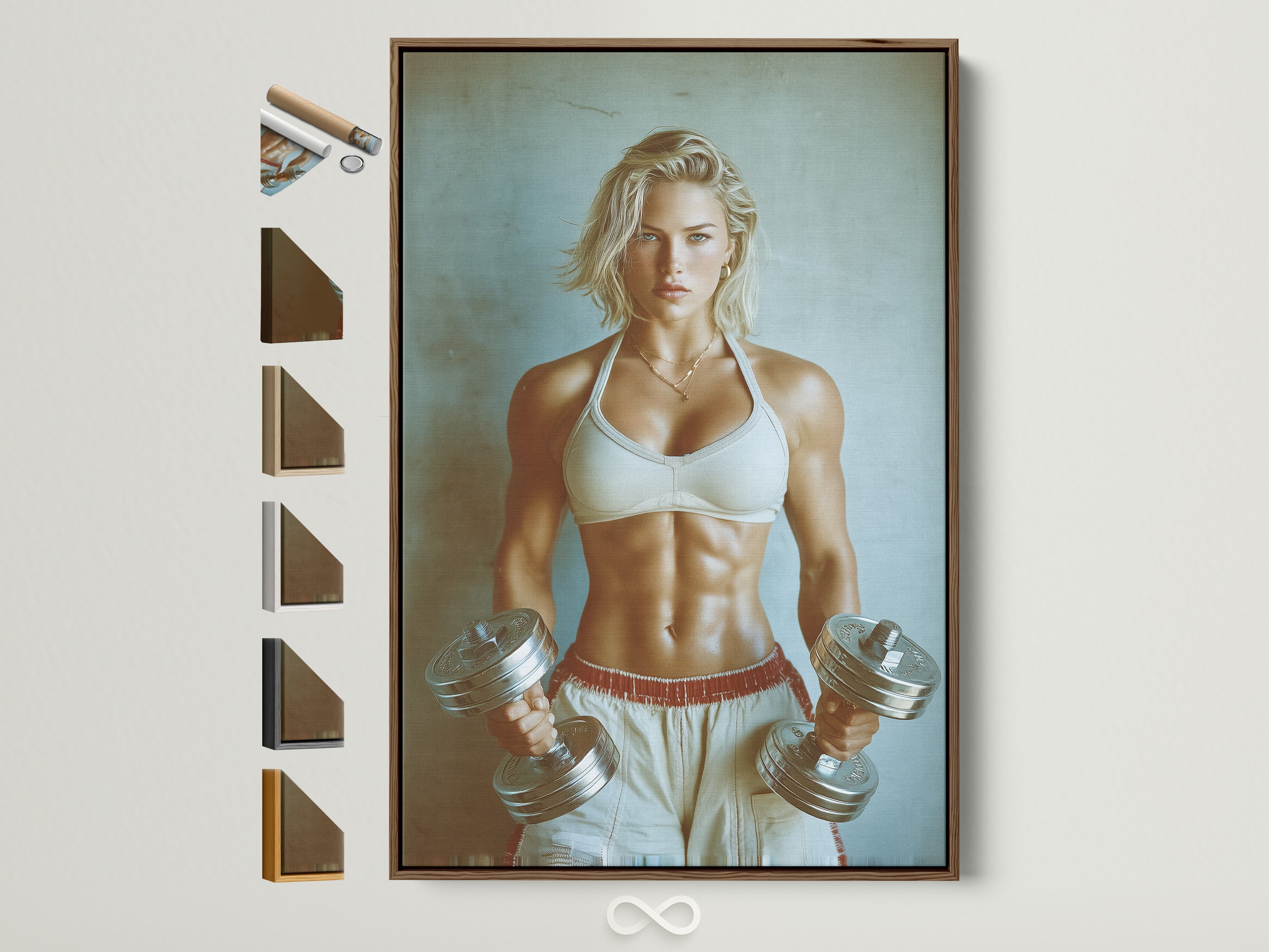 Fitness Motivation artwork in a brown frame hangs on a beige wall. The artwork features a strong woman holding dumbbells. Various frame style options are displayed beside it. Ideal for gym owners and home fitness enthusiasts.