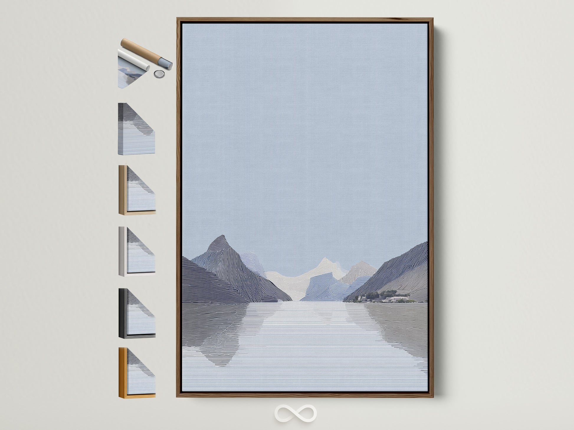 Explore our artwork framing options. See a brown frame showcasing a serene landscape. Multiple frame styles are displayed. Find the perfect frame to complement your art. Enhance your artwork with our diverse frames.