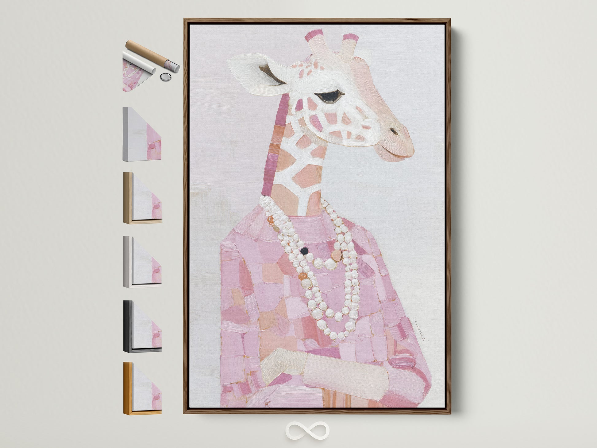 Brown frame displays a Giraffe Portrait Canvas Print. Pink blush animal wall art is chic for nursery decor. A fashionable giraffe with pearls adds style. Explore frame options for your artwork. Find the perfect frame for your pink animal print.