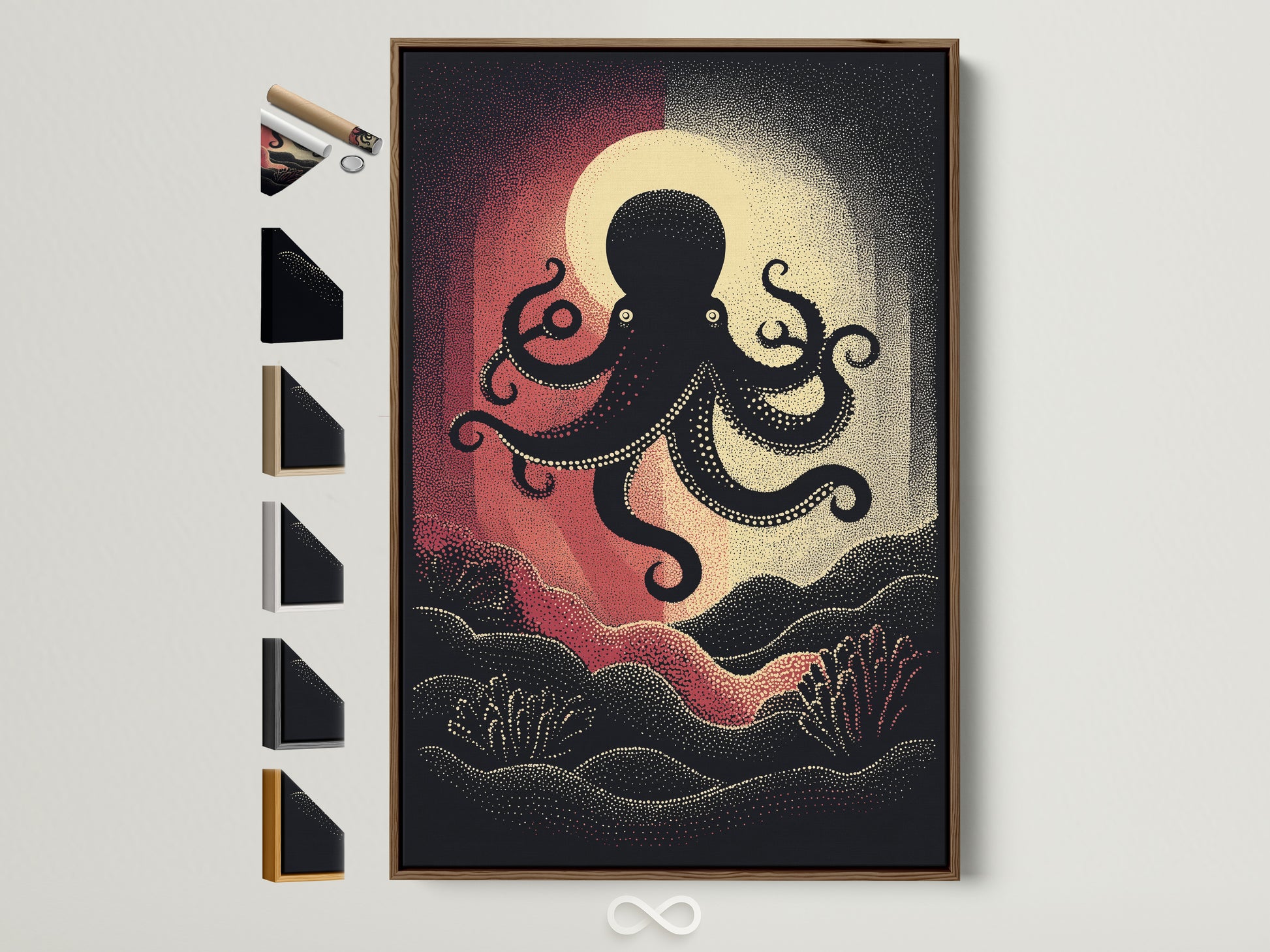 A framed octopus canvas print is displayed with various frame options. The brown frame accentuates the nautical wall art. Explore vintage sea creature artwork for coastal home decor. Find the perfect frame for your ocean canvas art. Elevate your space with marine artwork.