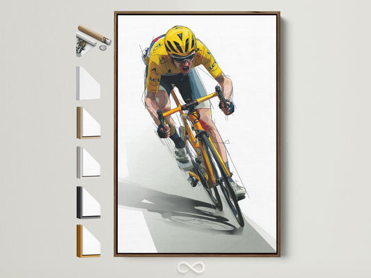 Artwork of a cyclist in the yellow jersey framed in a brown frame. Explore all our frame options to perfectly complement your art. Many frame colors are available. Find the ideal frame to showcase your unique style.