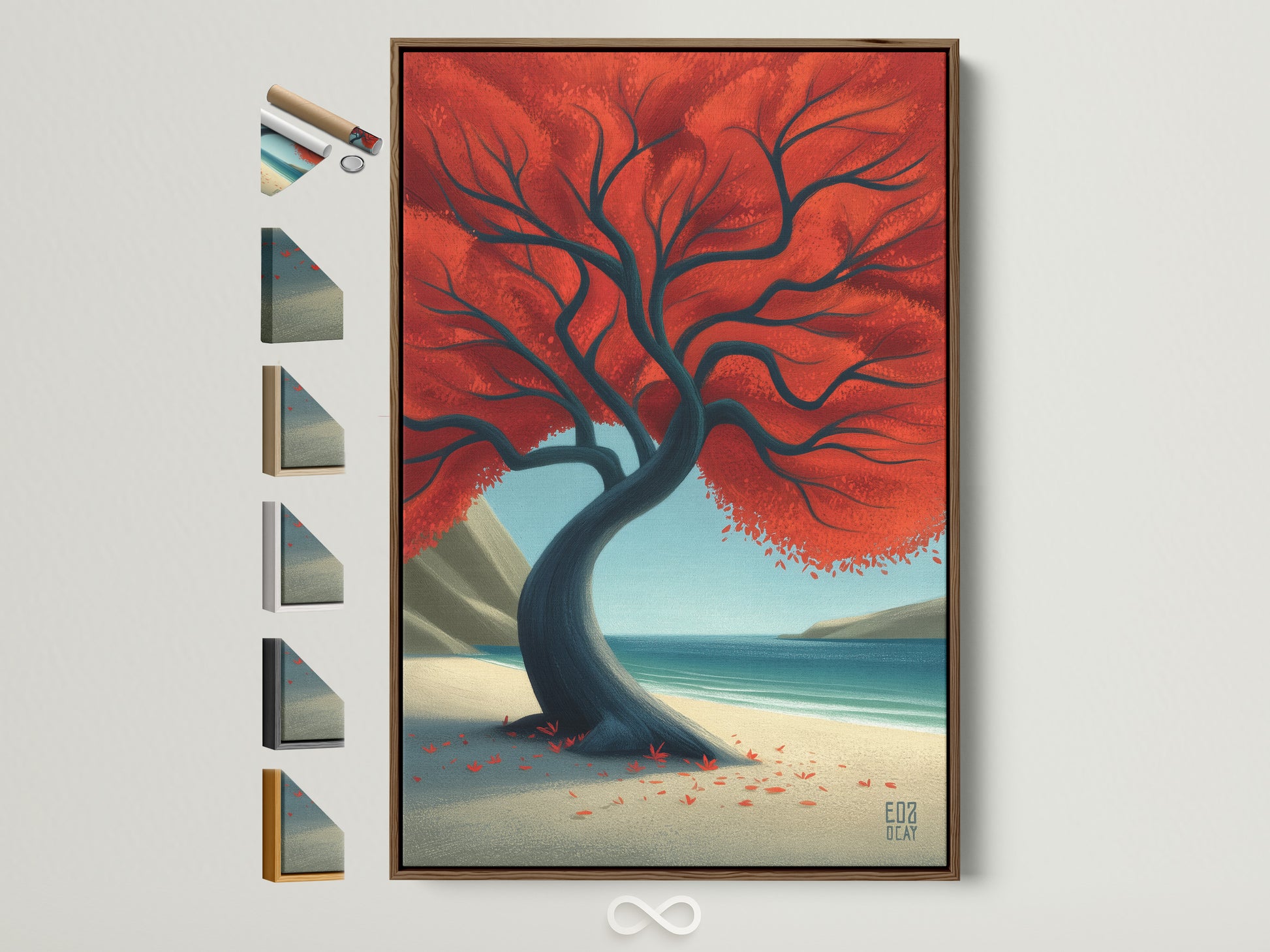 Explore frame options for the Red Tree coastal landscape artwork. See the artwork in a brown frame alongside other frame choices. Find the perfect frame to match your style. This beach scene artwork brings a serene touch to any room.