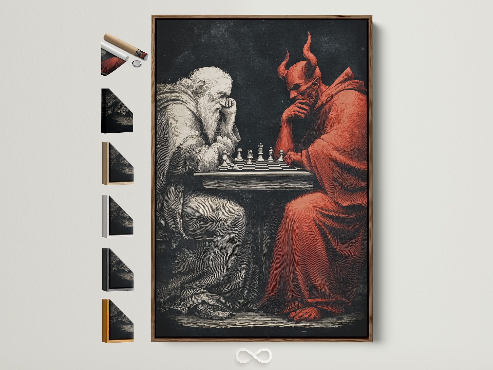 Chess Master artwork with a brown frame. The artwork depicts a devil and angel playing chess. Frame options are displayed on the side. Perfect gothic wall decor for a study room. Red and black are the primary colors.