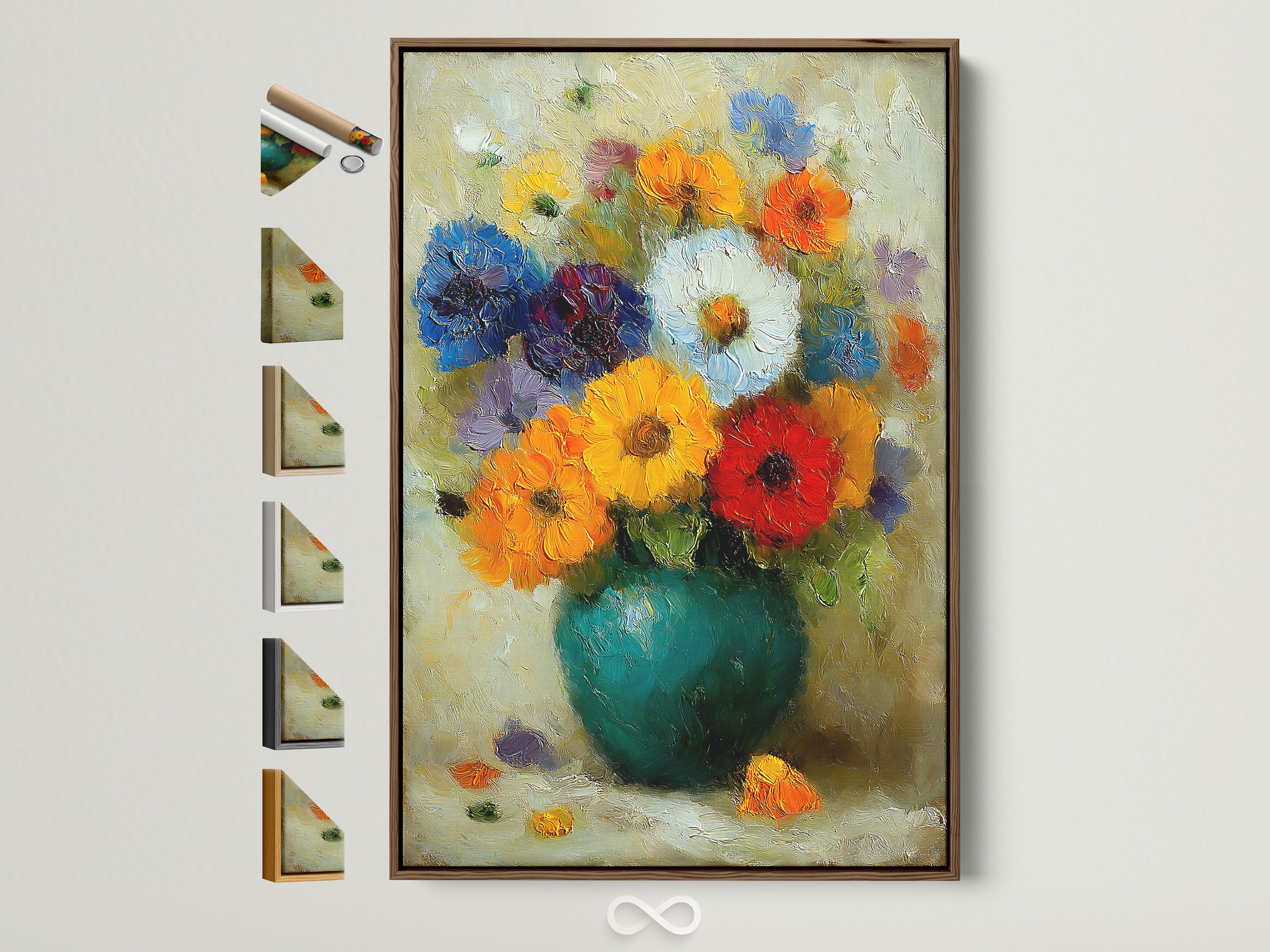 Vibrant Flower Artwork in a Brown Frame. This colorful botanical wall art features an impressionist floral painting. See all frame options available for living room bedroom or office wall art.