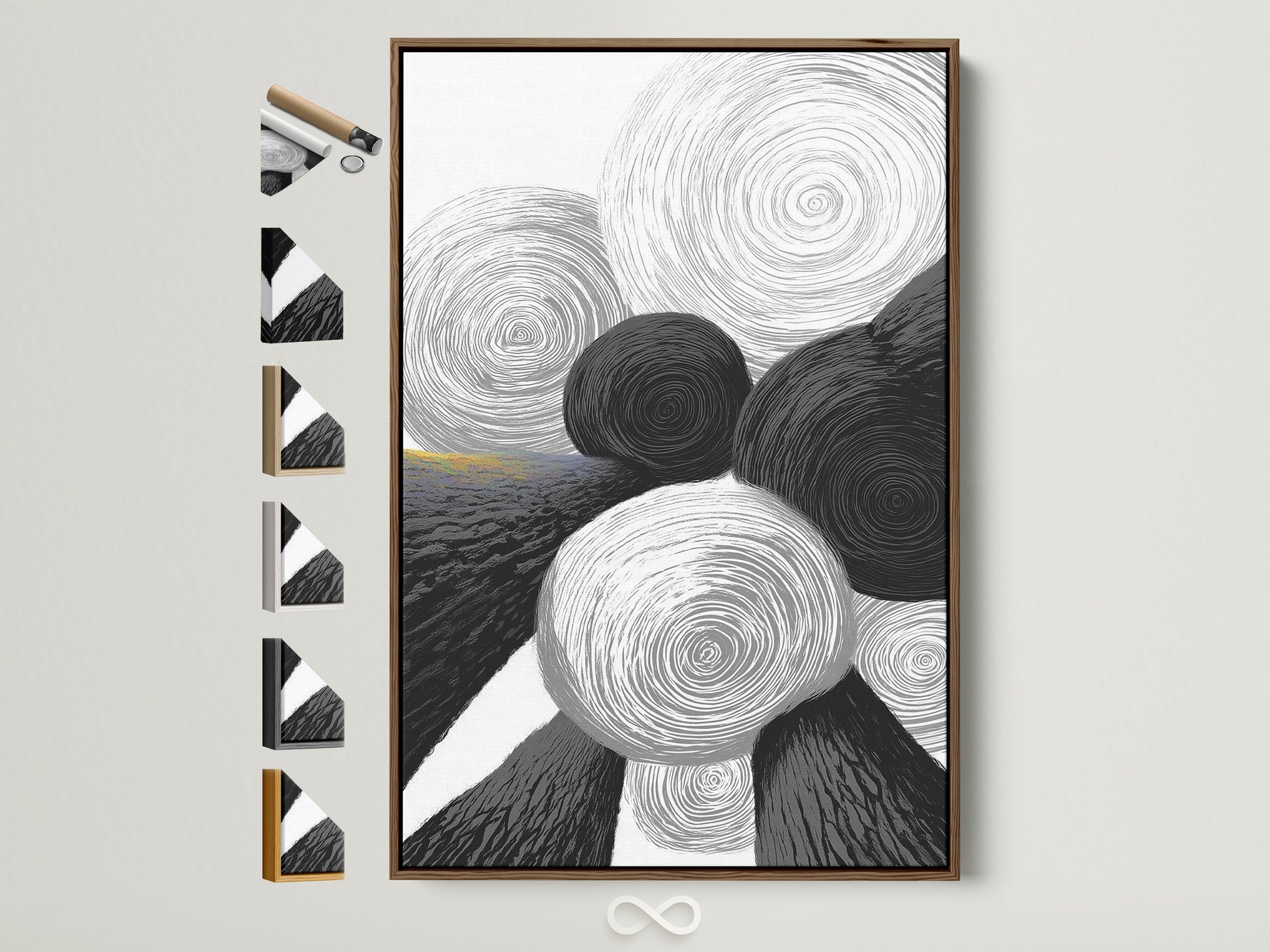 A contemporary artwork featuring abstract geometric circles in black and white tones. The art is framed with a brown wooden frame. Different frame styles are displayed on the side. Perfect modern art for minimalist decor.