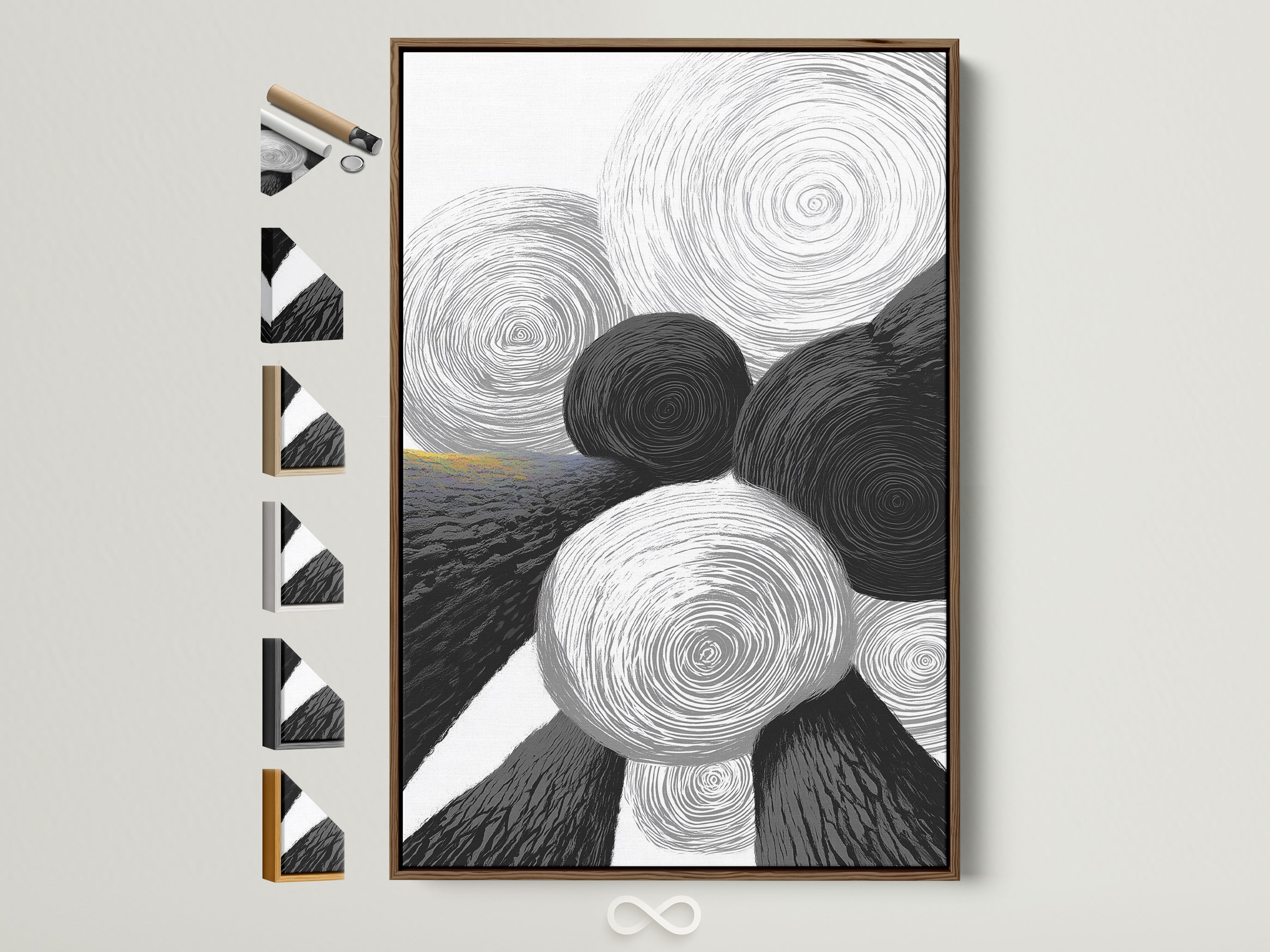 A contemporary artwork featuring abstract geometric circles in black and white tones. The art is framed with a brown wooden frame. Different frame styles are displayed on the side. Perfect modern art for minimalist decor.