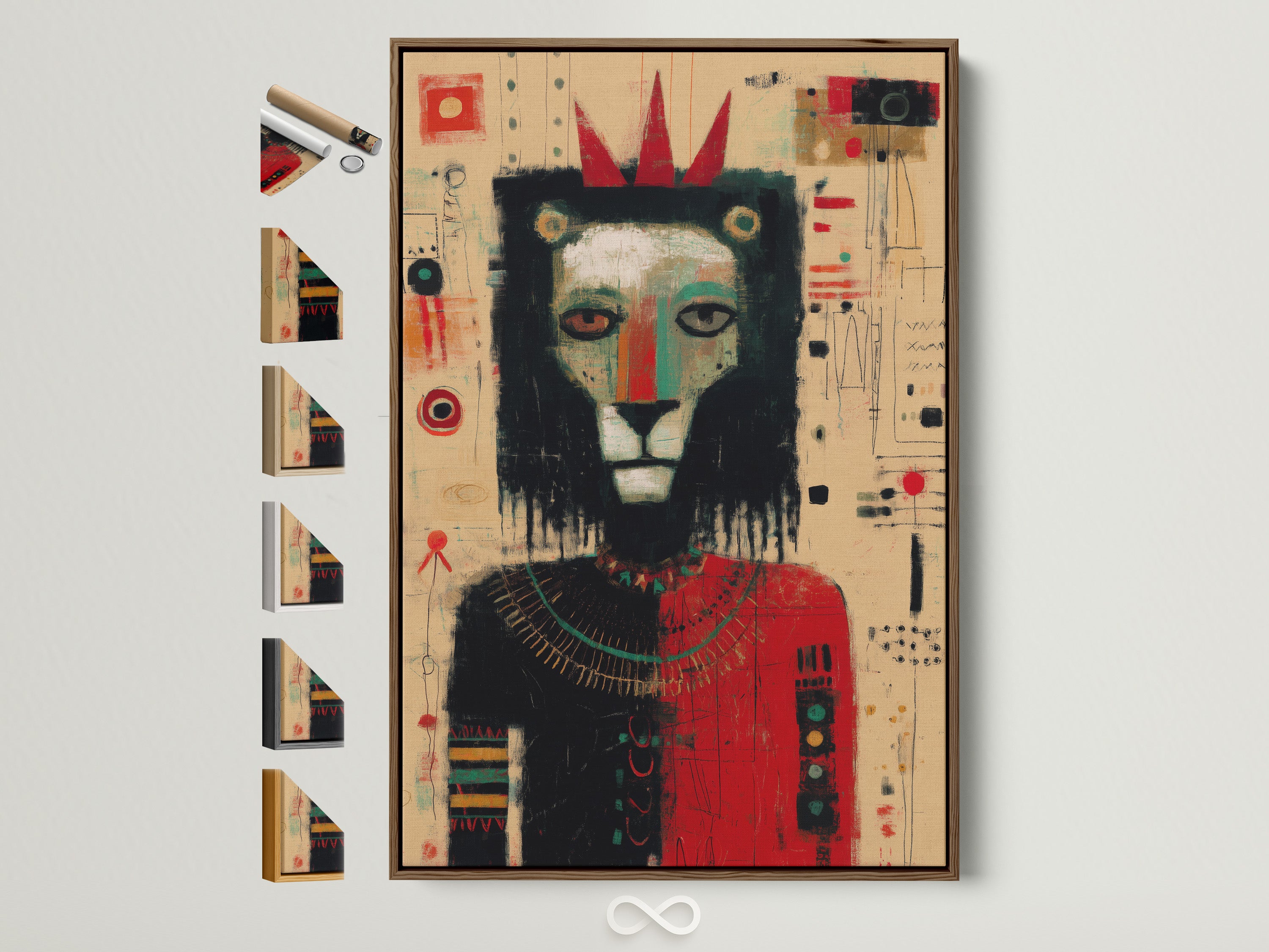 A captivating artwork of a lion with a crown is displayed in a brown frame. Explore various frame options available to perfectly complement your chosen artwork. Find the ideal frame to enhance your art.