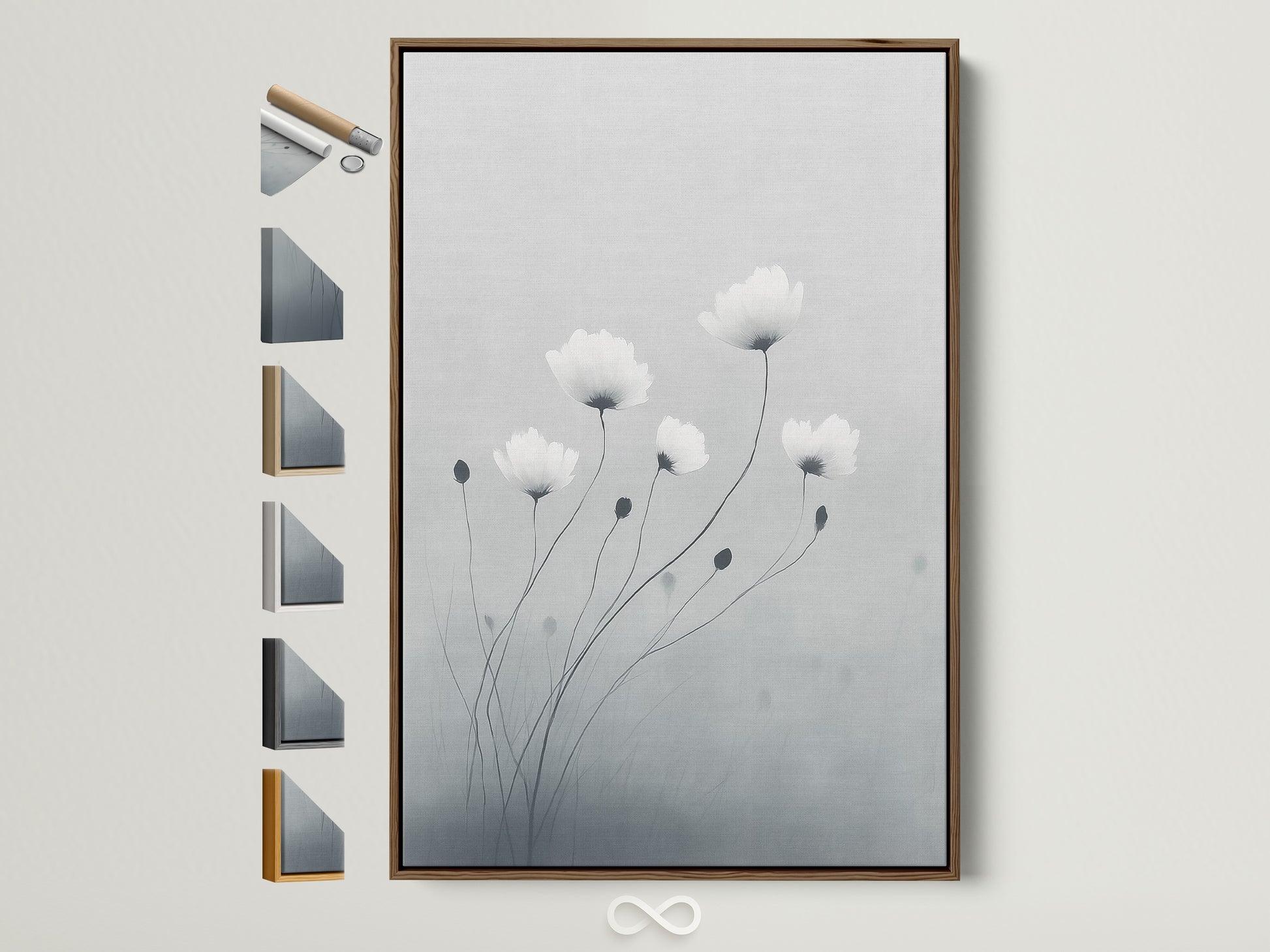 Minimalist flower art in a brown frame adds warmth to any room. This soft gray and white botanical wall art brings a touch of nature indoors. The light wood frame complements the delicate flower artwork. Frame options are displayed showing you the many ways you can customize your artwork.