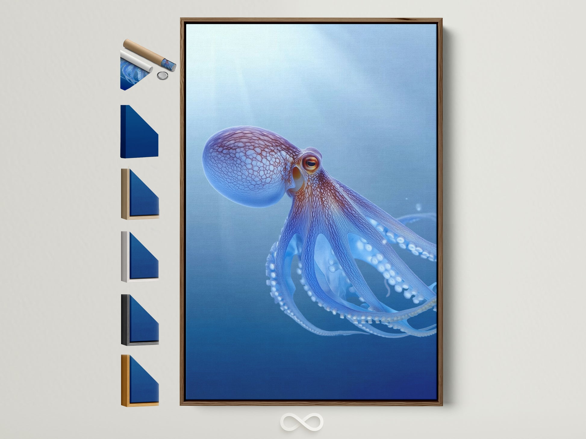 A captivating octopus art print graces a wall within a brown frame. This marine animal artwork adds a coastal touch to any space. Frame options are displayed beside it. Discover the perfect sea canvas for your home decor. Teal blue artwork brings the ocean's beauty indoors.